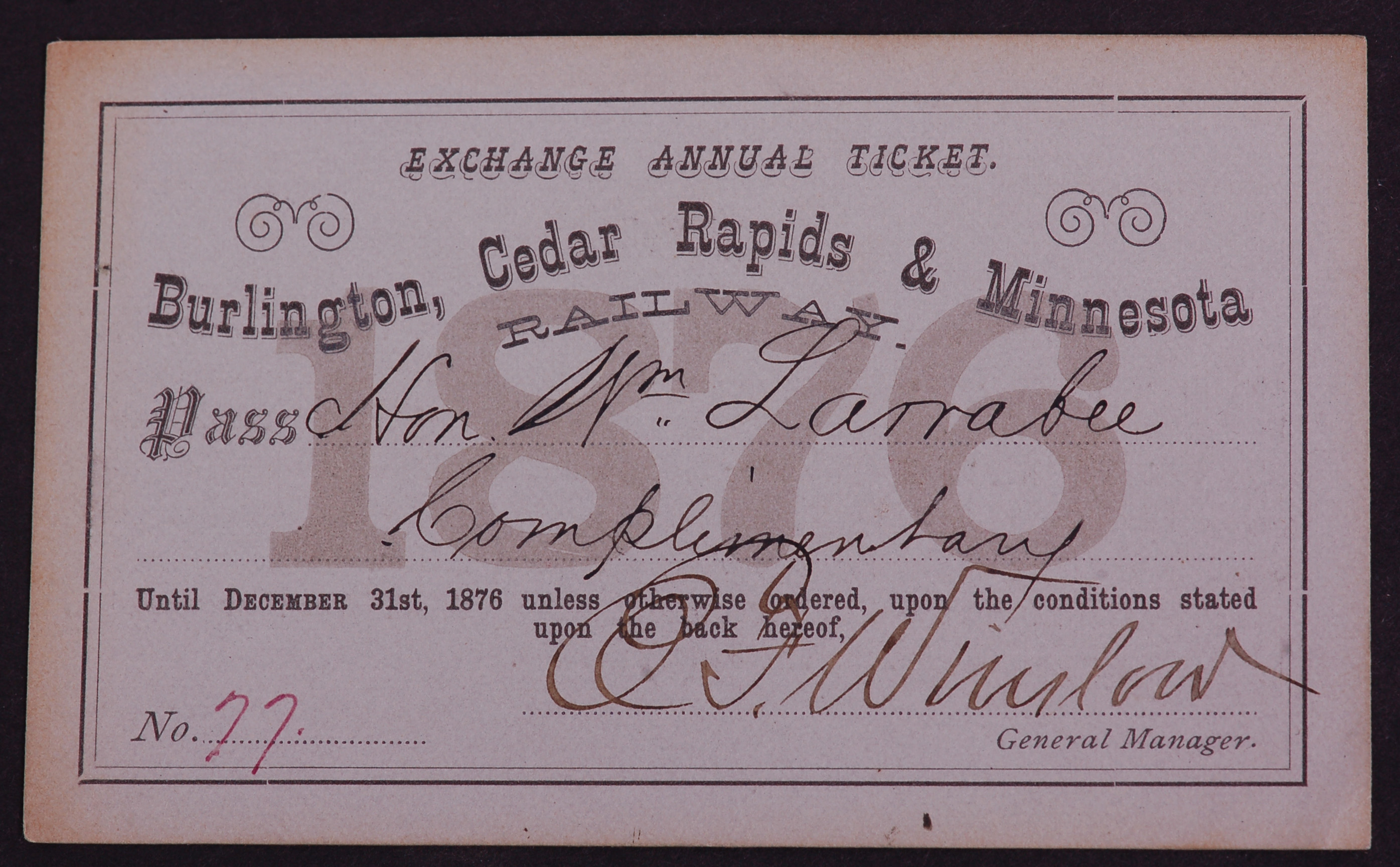 351 - Burlington, Cedar Rapids & Minnesota Railway 1876 Annual Pass - Low Number thumbnail