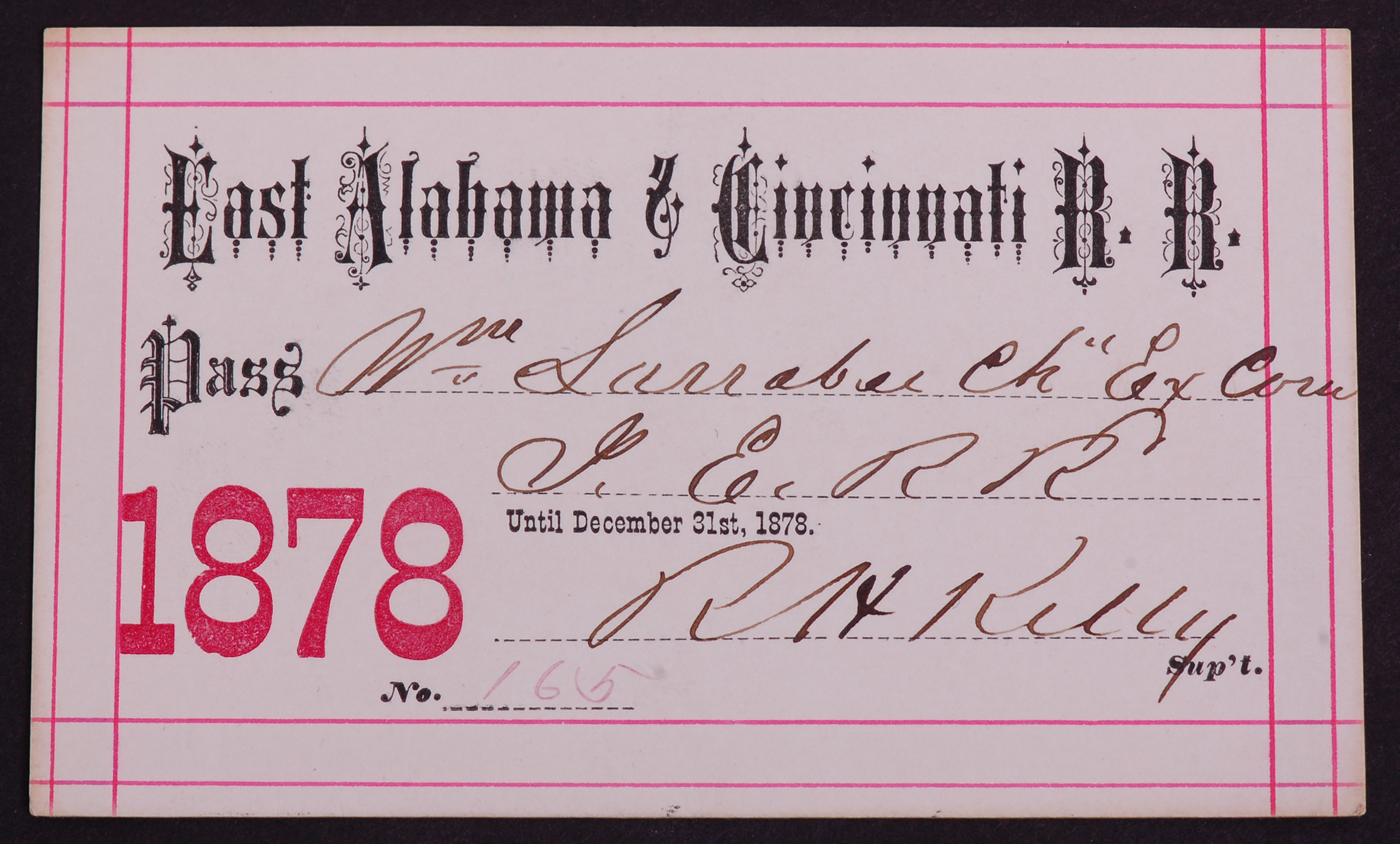 352 - East Alabama & Cincinnati Railroad 1878 Annual Pass thumbnail