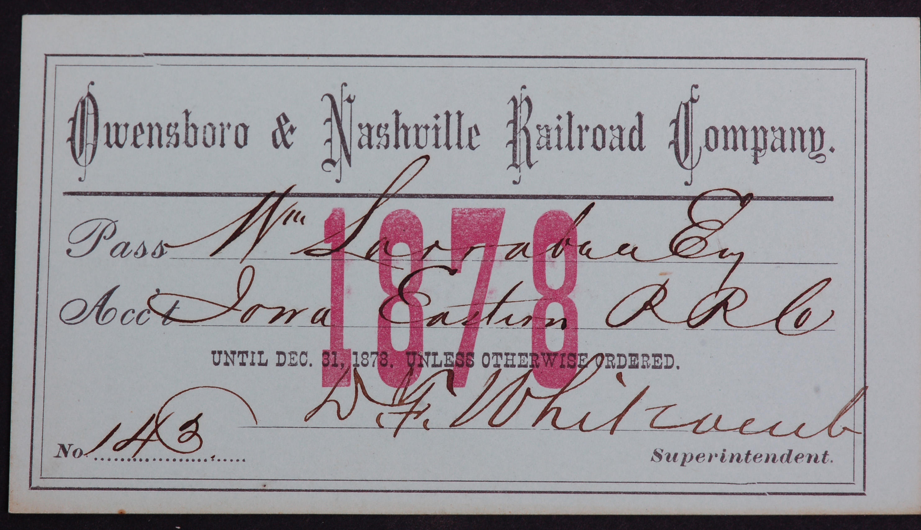 353 - Owensboro & Nashville Railroad 1878 Annual Pass. thumbnail