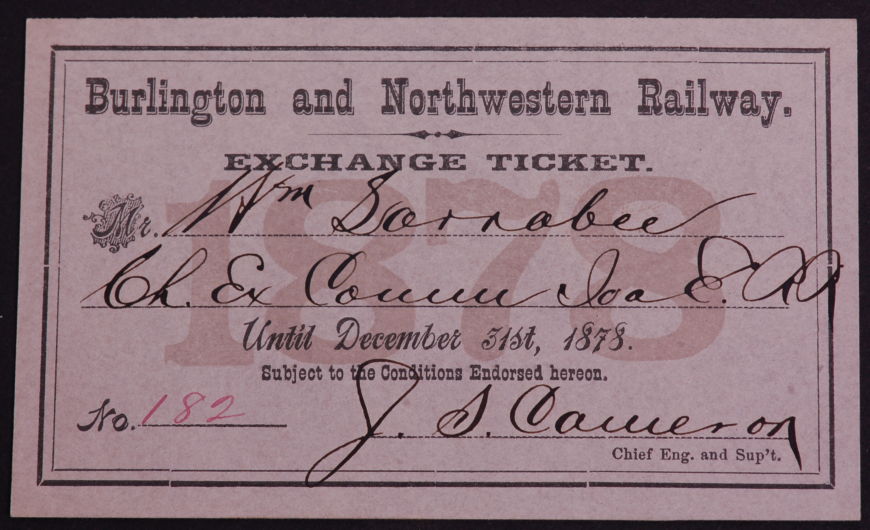 354A - Burlington and Northwestern Railroad 1878 Annual Pass thumbnail