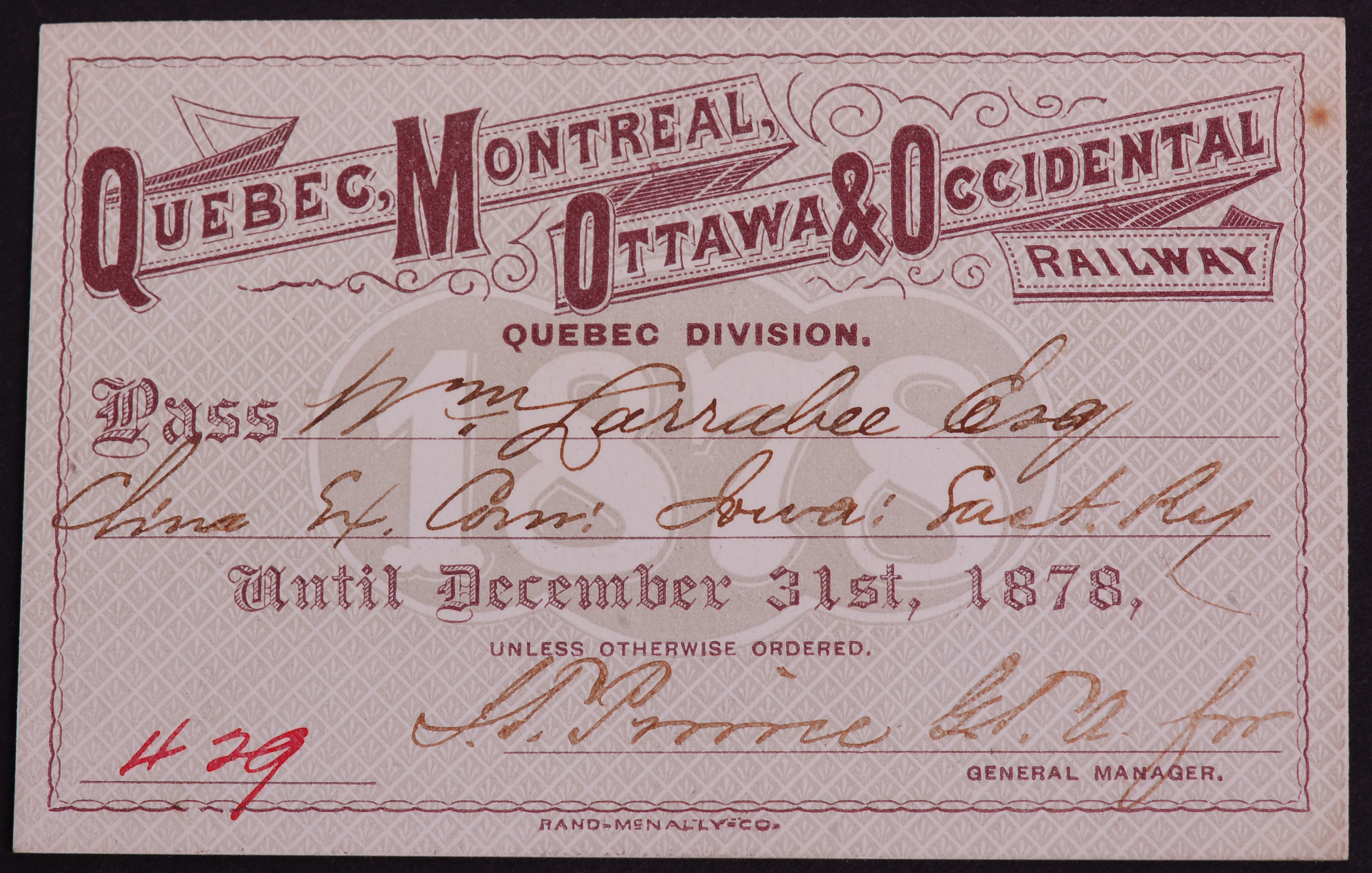 354 - Quebec, Montreal, Ottawa & Occidental Railway 1878 Annual Pass thumbnail