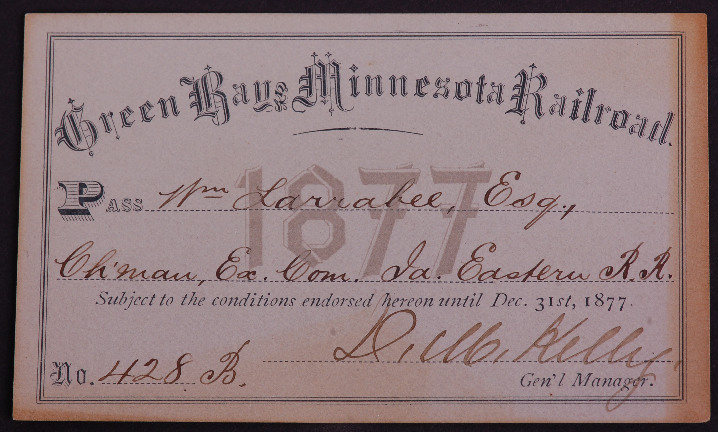 355 - Green Bay & Minnesota Railroad 1877 Annual Pass thumbnail