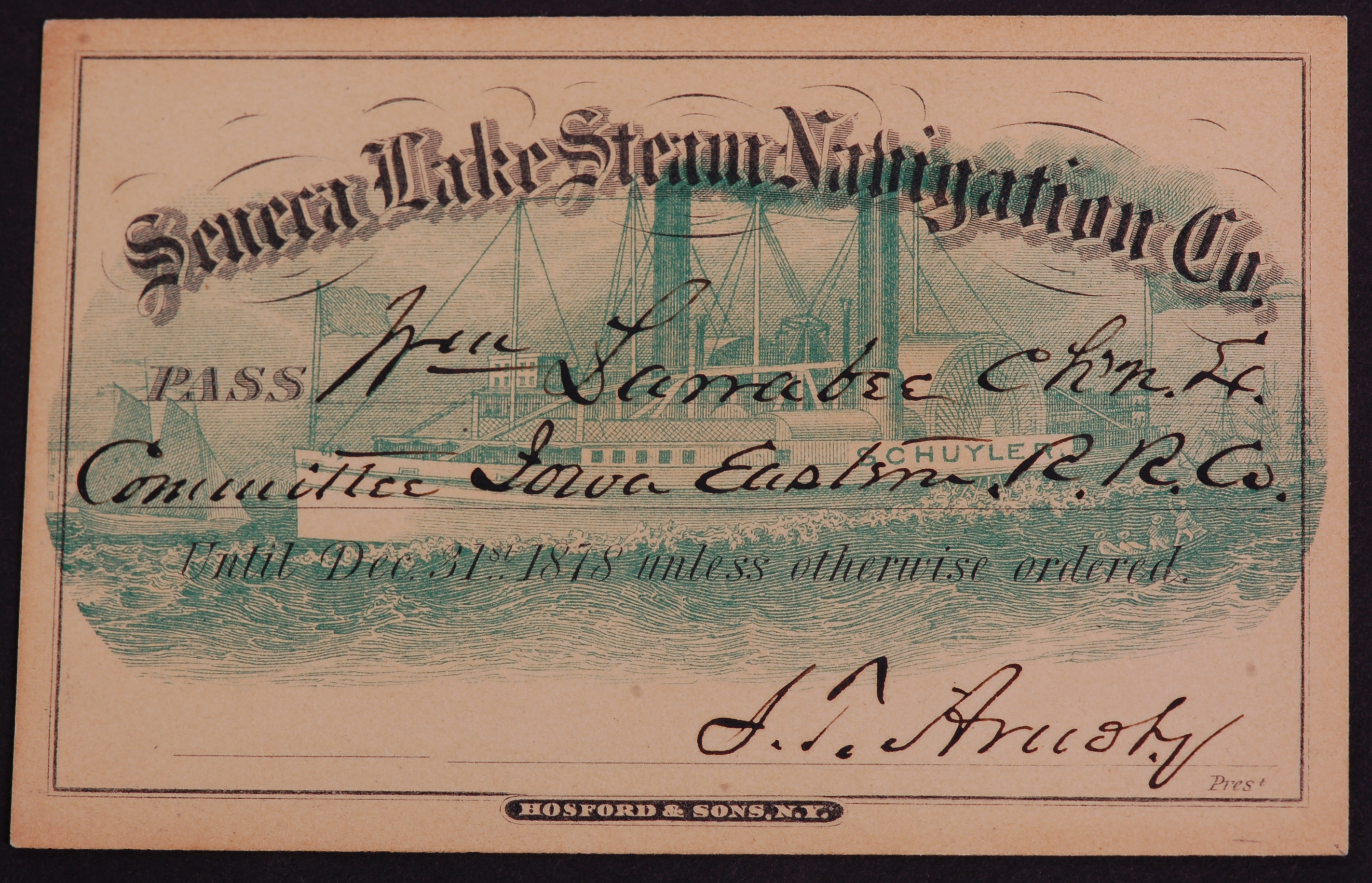 357 - Seneca Lake Steam Navigation Company 1878 Steam Ship Annual Pass thumbnail