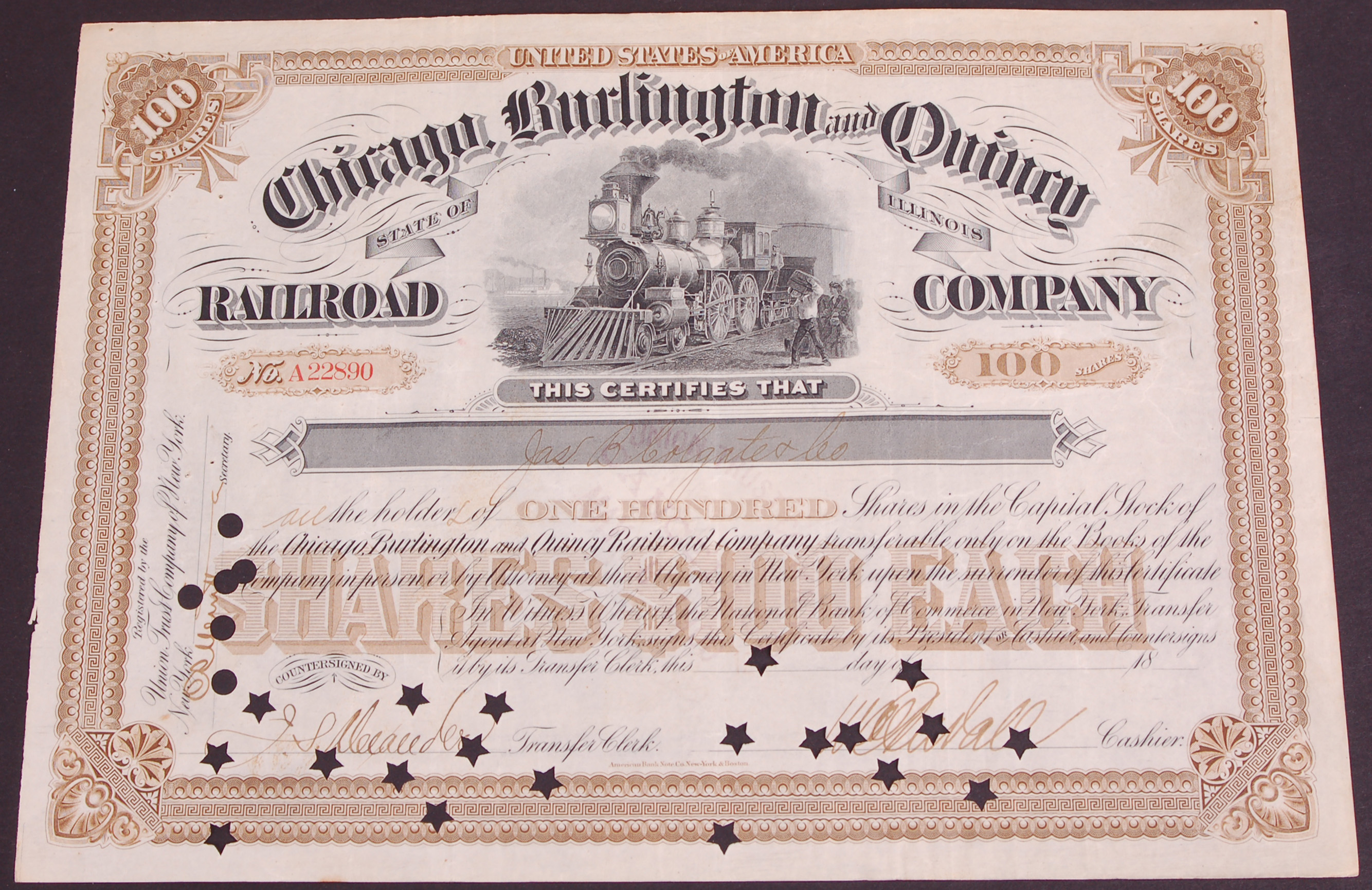 358 - Chicago, Burlington and Quincy Railroad 1897? stock certificate thumbnail