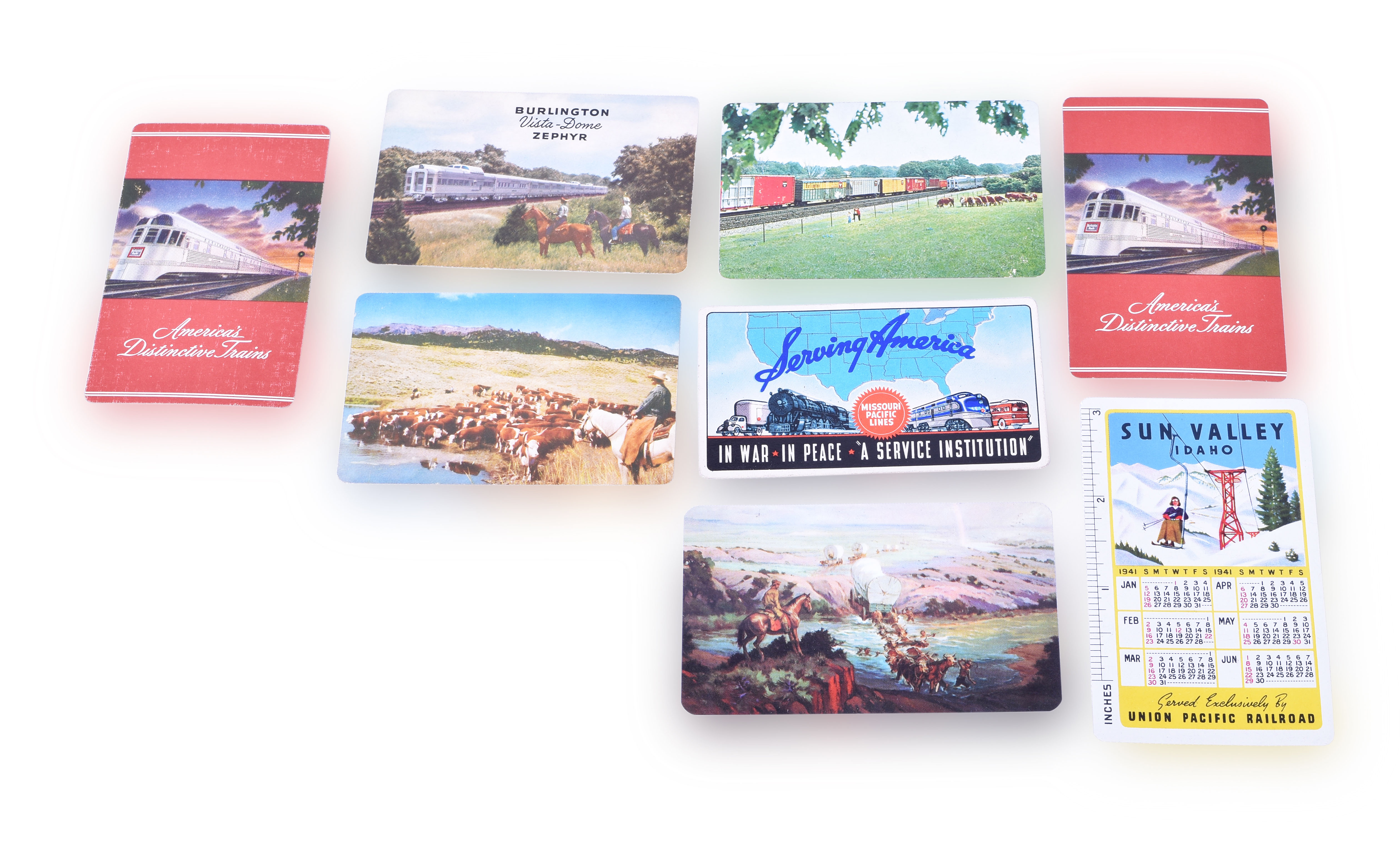 19 - Group of eight railroad pocket calendars CB&Q 1944, 1959, 1960, 1966, MoPac 1945, Union Pacific 1941, Santa Fe 1976 thumbnail