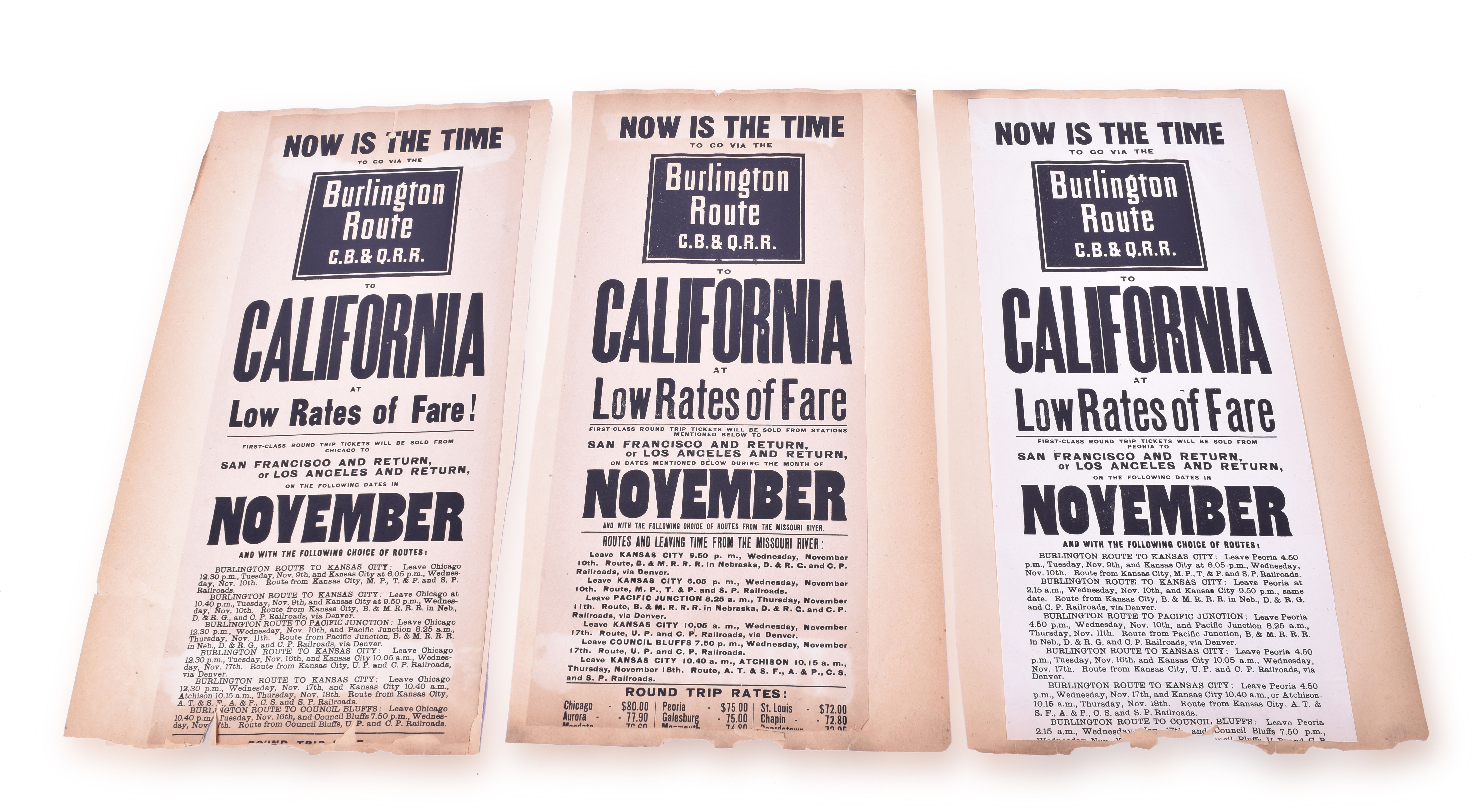 38 - Group of five late 1800's CB&Q California destination broadside advertisements thumbnail