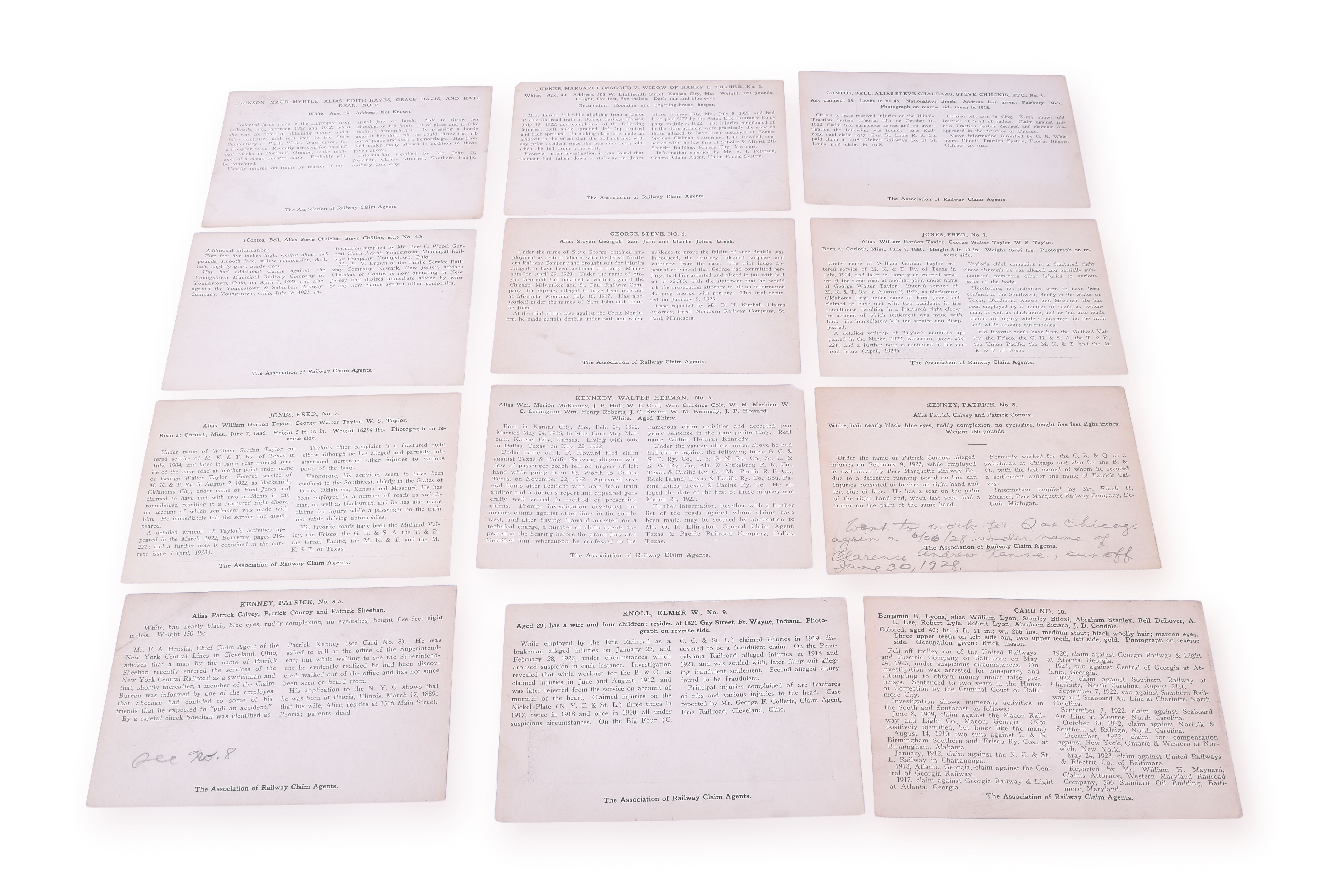 50 - Group of Thirty Association of Railway Claim Agent Fraud Warning / Biography Cards - Pre mid 1930's thumbnail