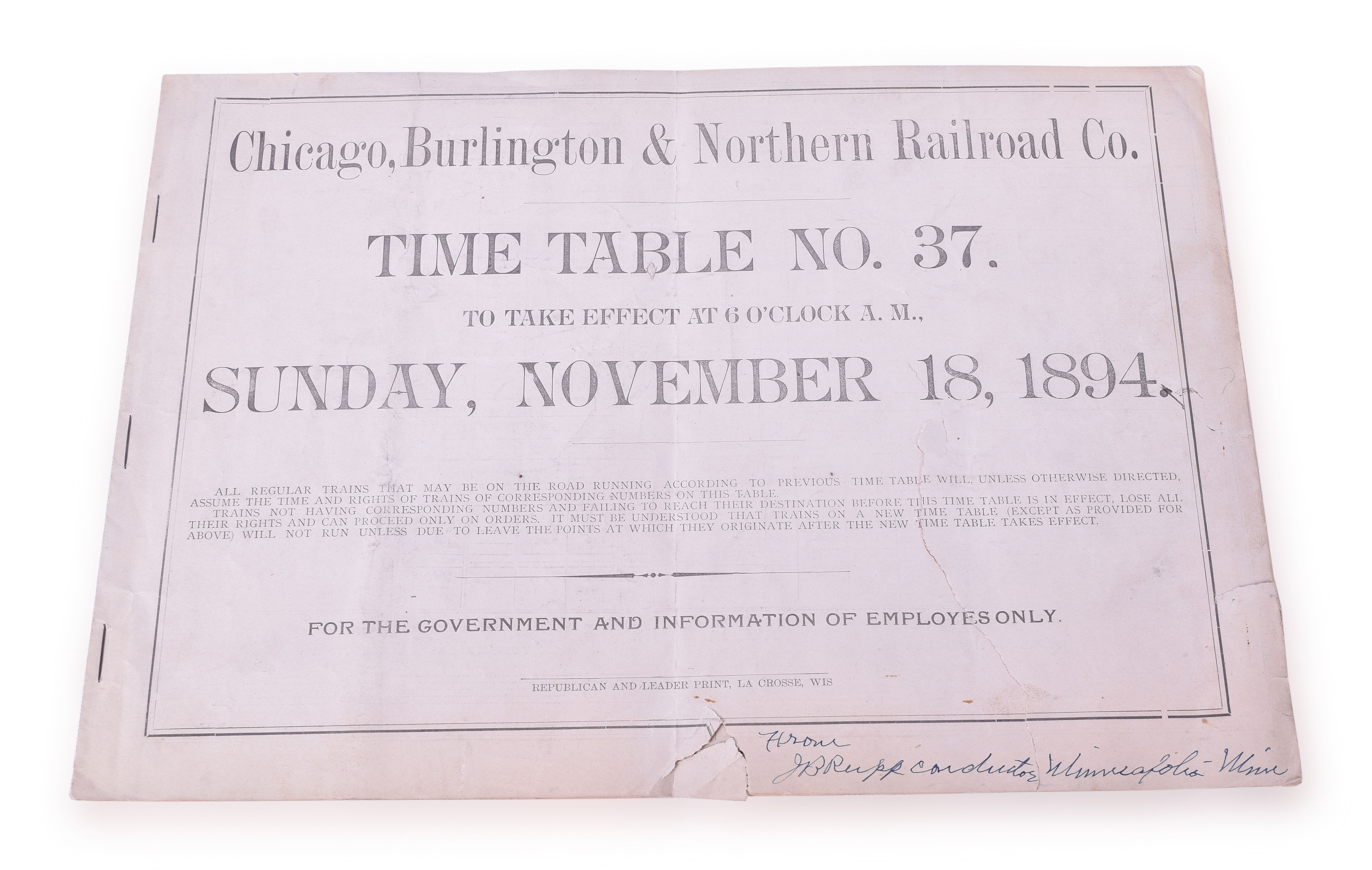 54 - Chicago, Burlington & Northern Railroad No. 37 1894 Employee Timetable thumbnail