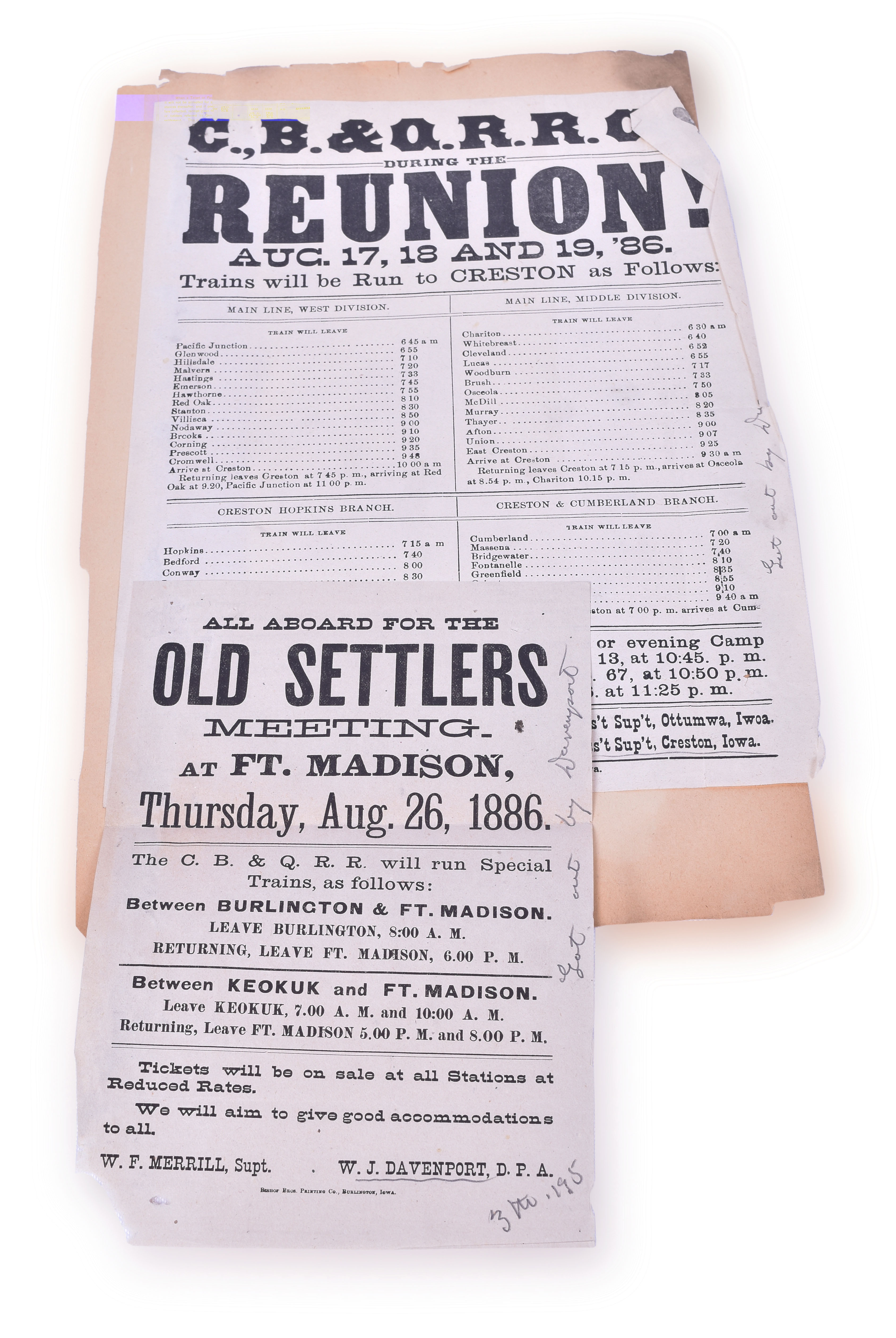 58 - Three CB&Q / Chicago, Burlington & Quincy Railroad 1886 broadside advertisements - Iowa State Fair, Old Settlers Meeting, CB&Q During The Reunion thumbnail
