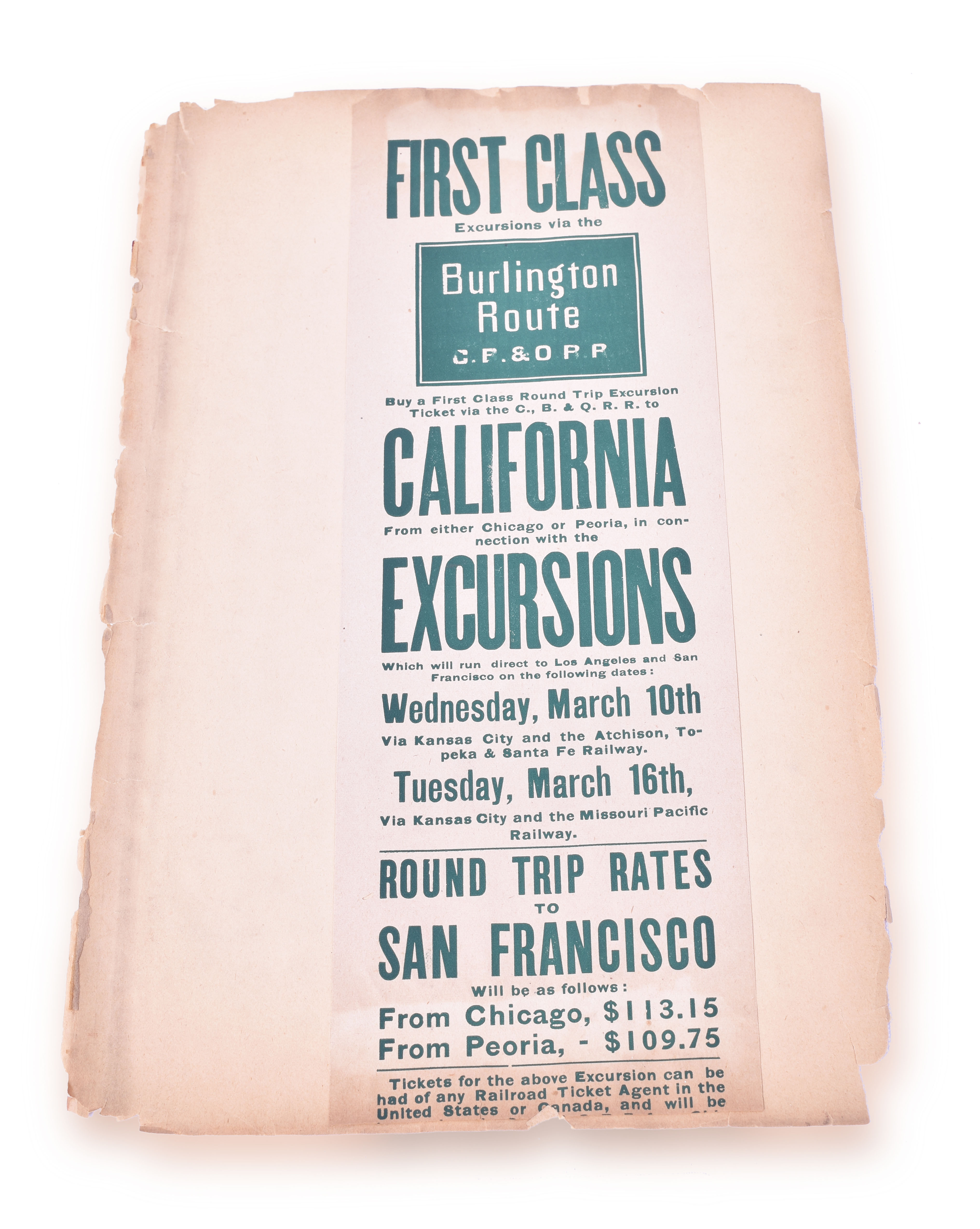 75 - CB&Q / Chicago, Burlington & Quincy Railroad First Class California Excursions Broadside Advertisement - Believed to be 1886 thumbnail