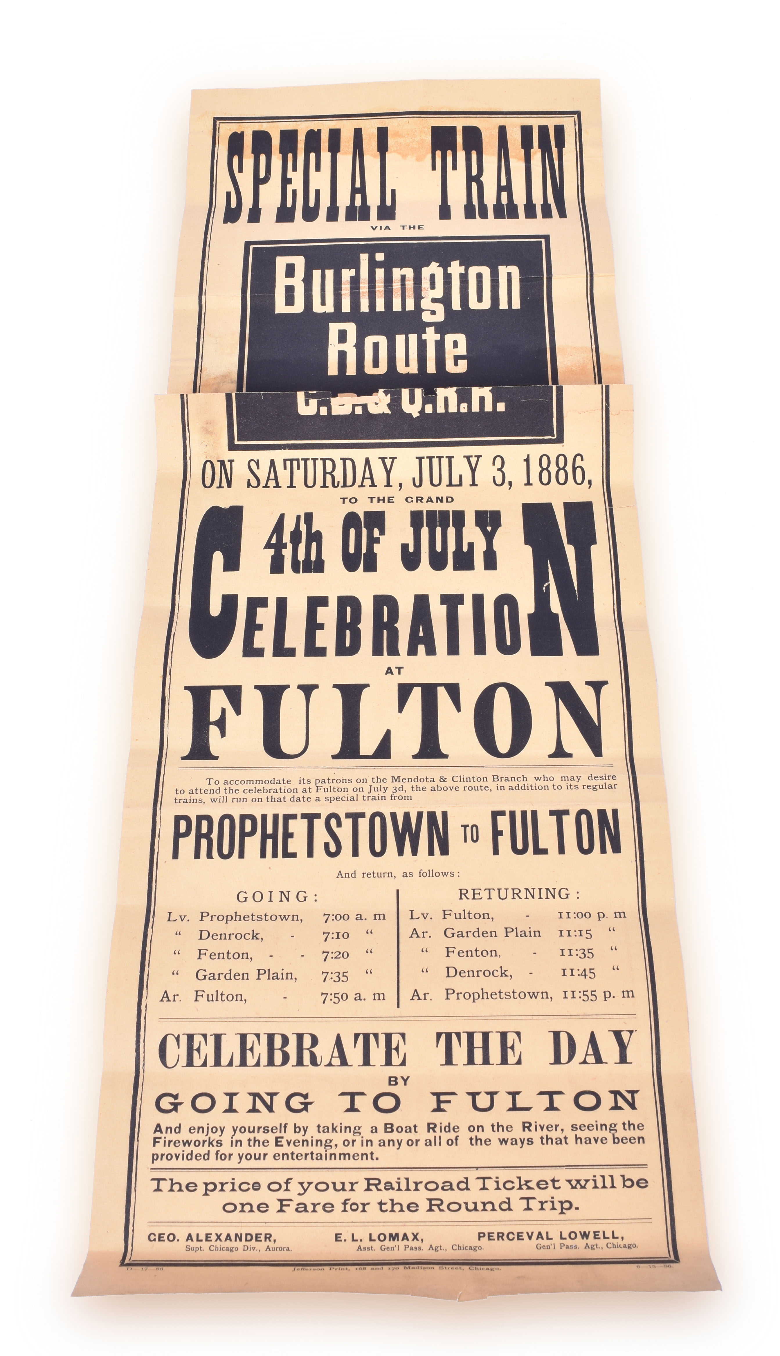 78 - CB&Q / Chicago, Burlington & Quincy Railroad 1886 4th of July Celebration at Fulton Broadside Advertisement thumbnail