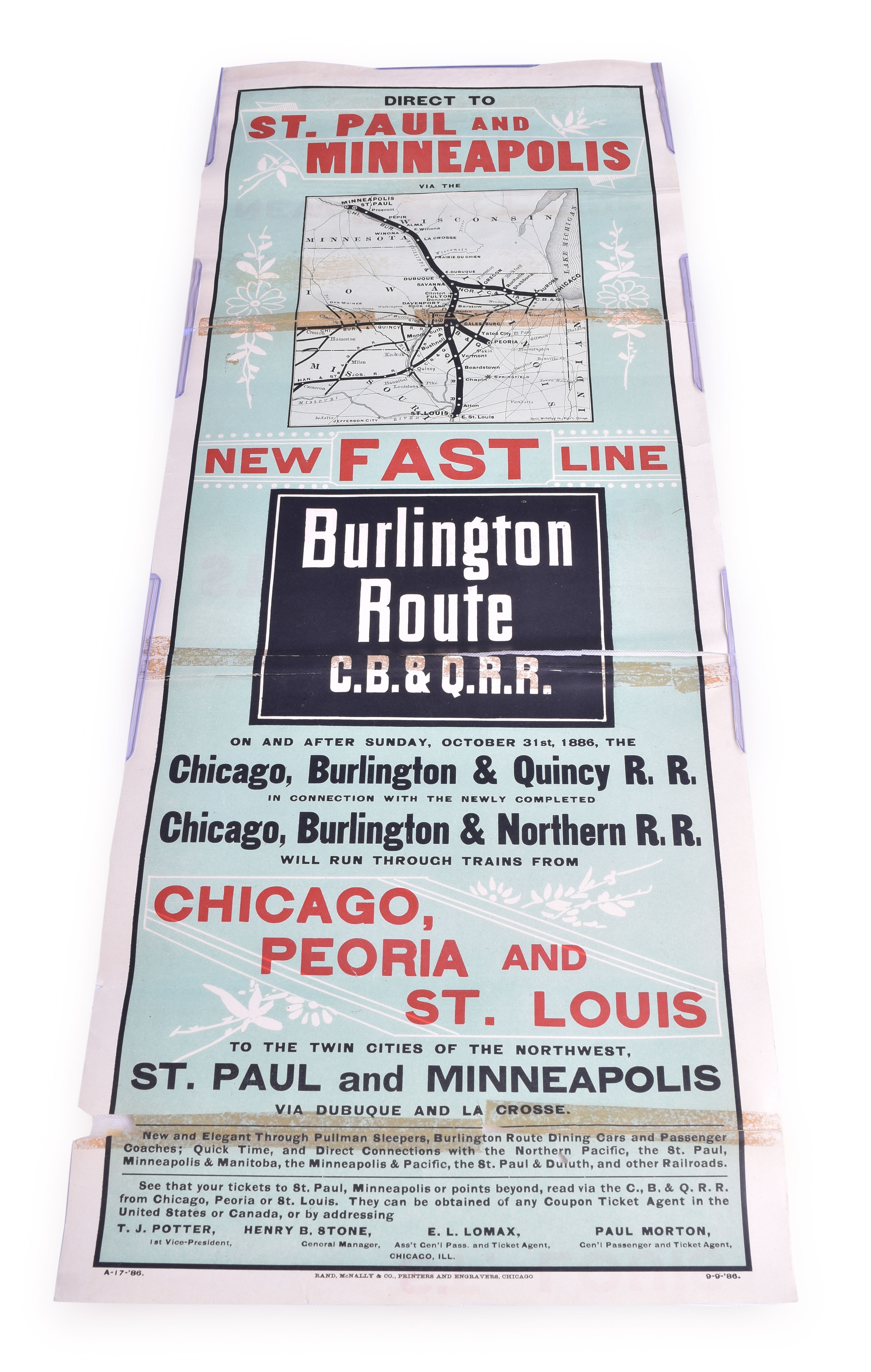 94 - CB&Q / Chicago, Burlington & Quincy Railroad Three Color 1886 Direct to St. Paul & Minneapolis 