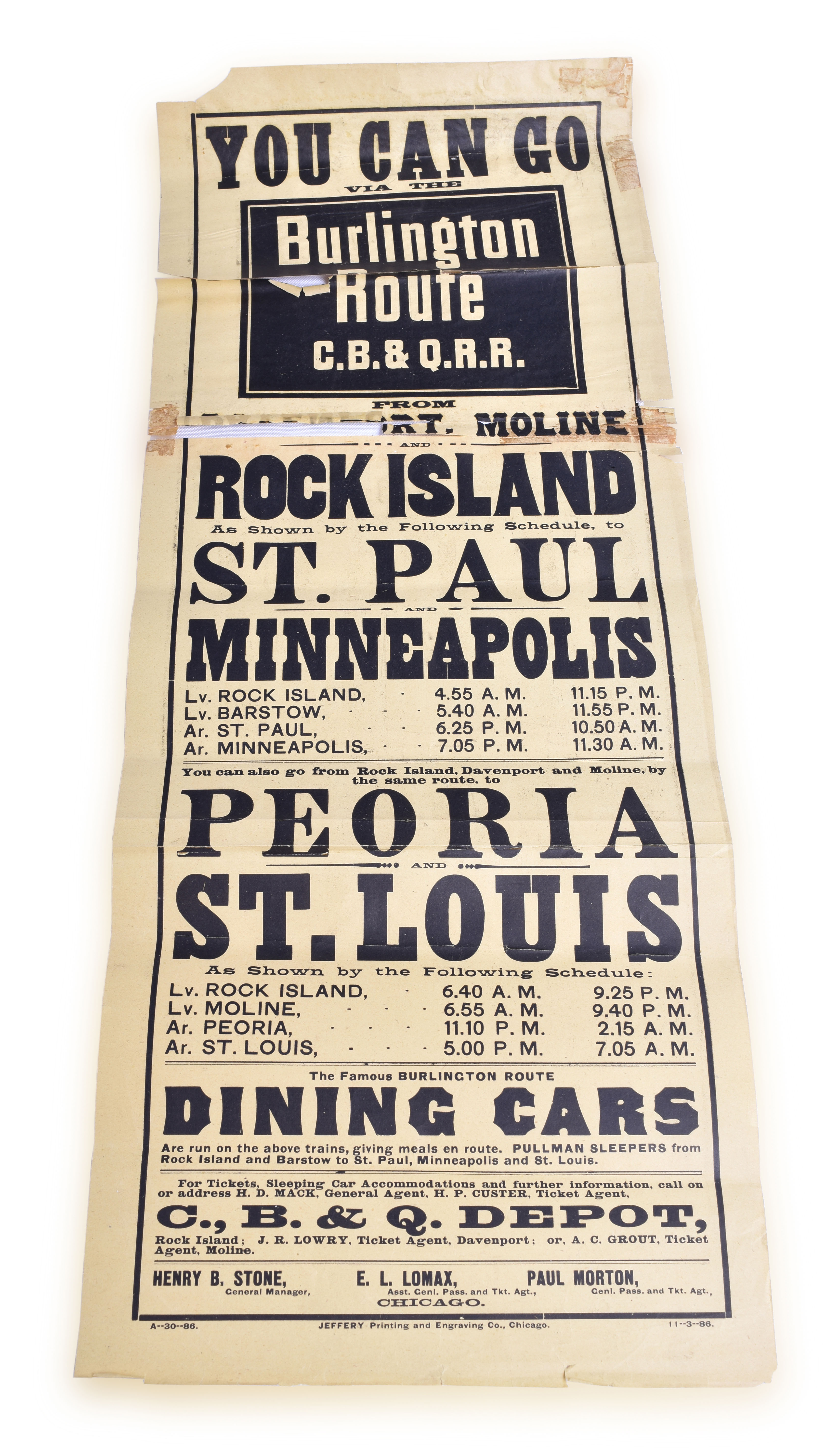 96 - CB&Q / Chicago, Burlington & Quincy Railroad 1886 Rock Island to St. Paul, Minneapolis, Broadside Advertisement thumbnail
