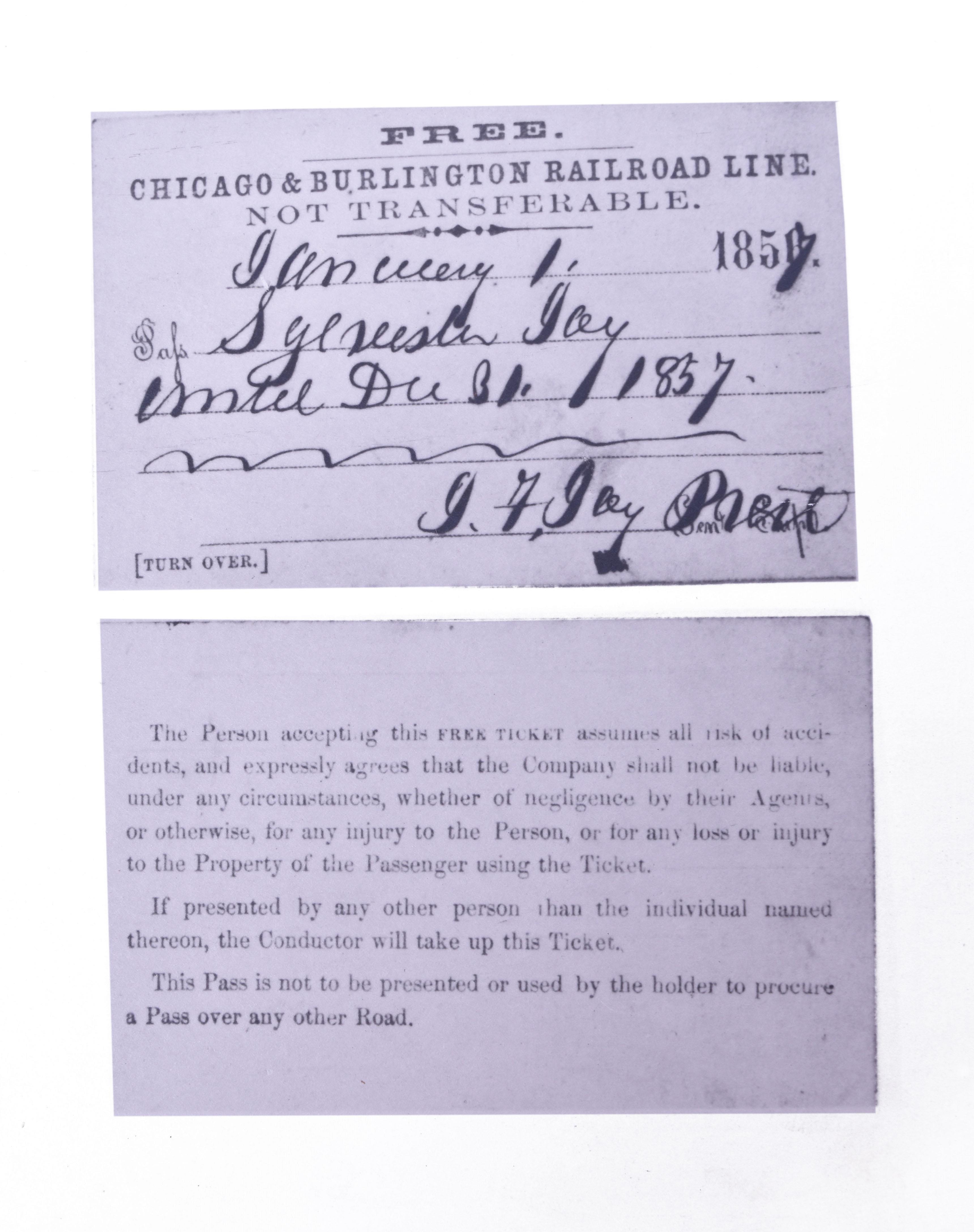 97 - Chicago and Burlington Railroad Line 1857 Annual Pass - Copy With CB&Q History On Reverse With ORIGINAL 1855 Letter Head - CB&Q Company Archives thumbnail