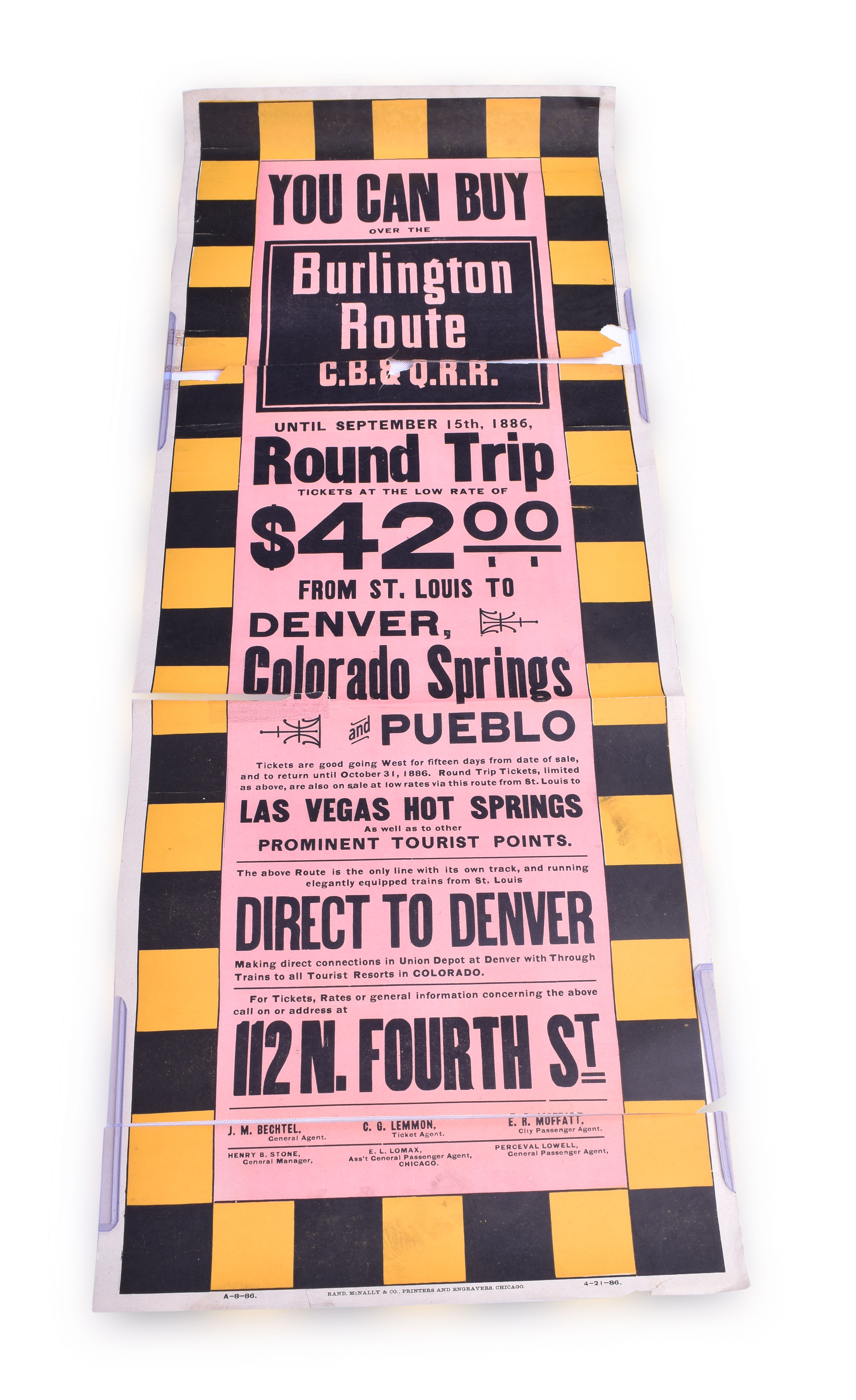 98 - CB&Q / Chicago, Burlington & Quincy Railroad 1886 Round Trip From St. Louis to Denver, Colorado Springs, and Pueblo Broadside Advertisement thumbnail
