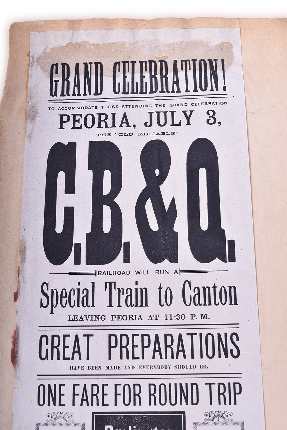 101 - Chicago, Burlington & Quincy Railroad July 3, Special Train Peoria to Canton Broadside Advertisement thumbnail