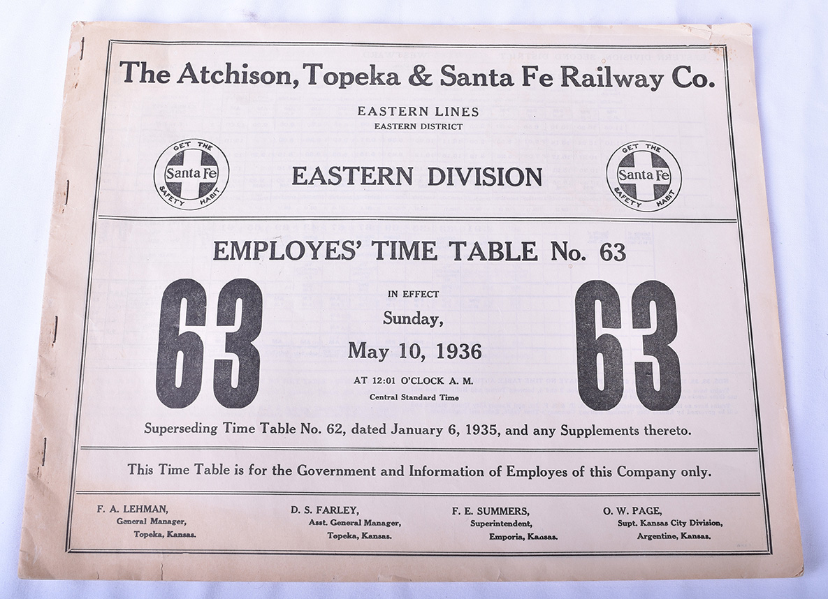 102A - Santa Fe / AT&SF Railroad No. 64 1936 Eastern Division Employee Timetable thumbnail