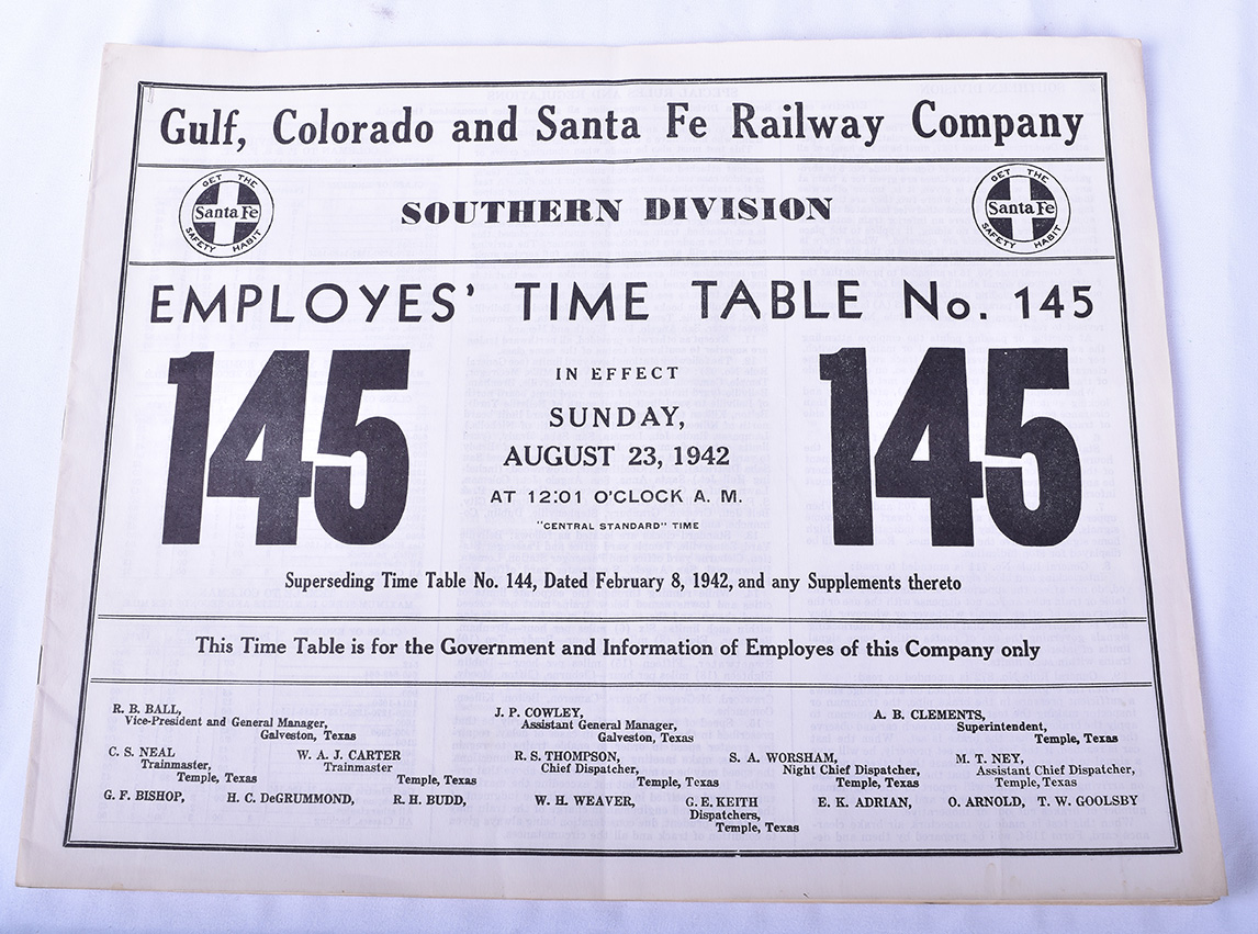 103A - Gulf, Colorado, and Santa Fe Railway No. 145 1942 Southern Division Employee Timetable thumbnail