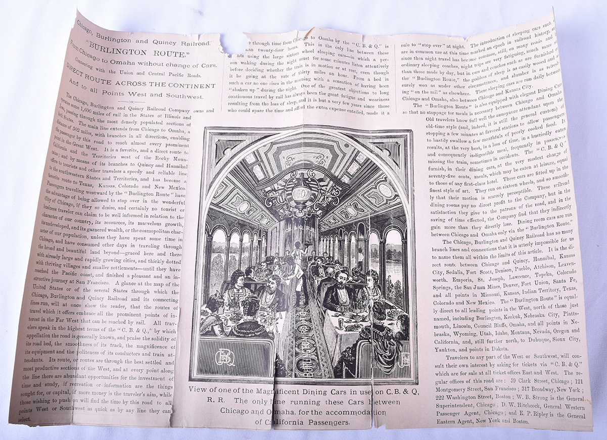 104A - Late 1800's CB&Q Advertisement - Dining Cars, Chicago to Omaha, Far West Routes thumbnail