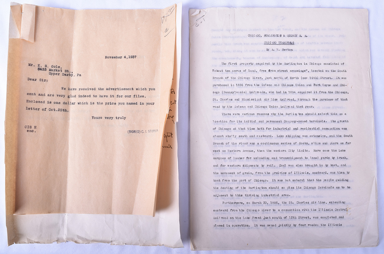 105A - CB&Q / Burlington Archives Chicago Terminal History 1850-1864 Report, plus 1874 Worlds Fair Advertisement Inquiry thumbnail