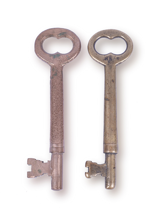 107 - Pair of Adlake Railroad Caboose and / or Coach Keys - One Marked, One Unmarked thumbnail