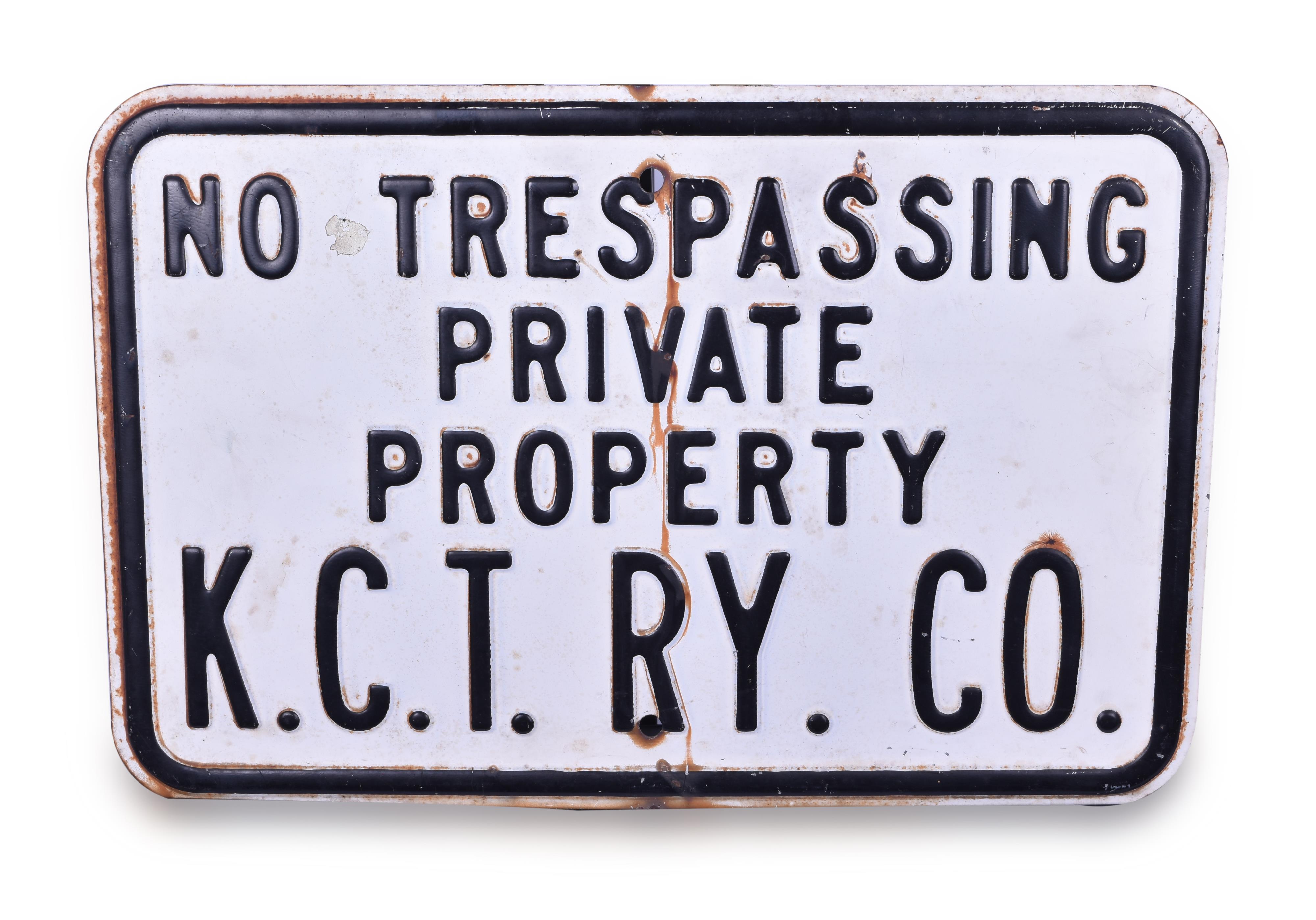 222 - Kansas City Terminal Railway Embossed Steel No Trespassing Sign thumbnail
