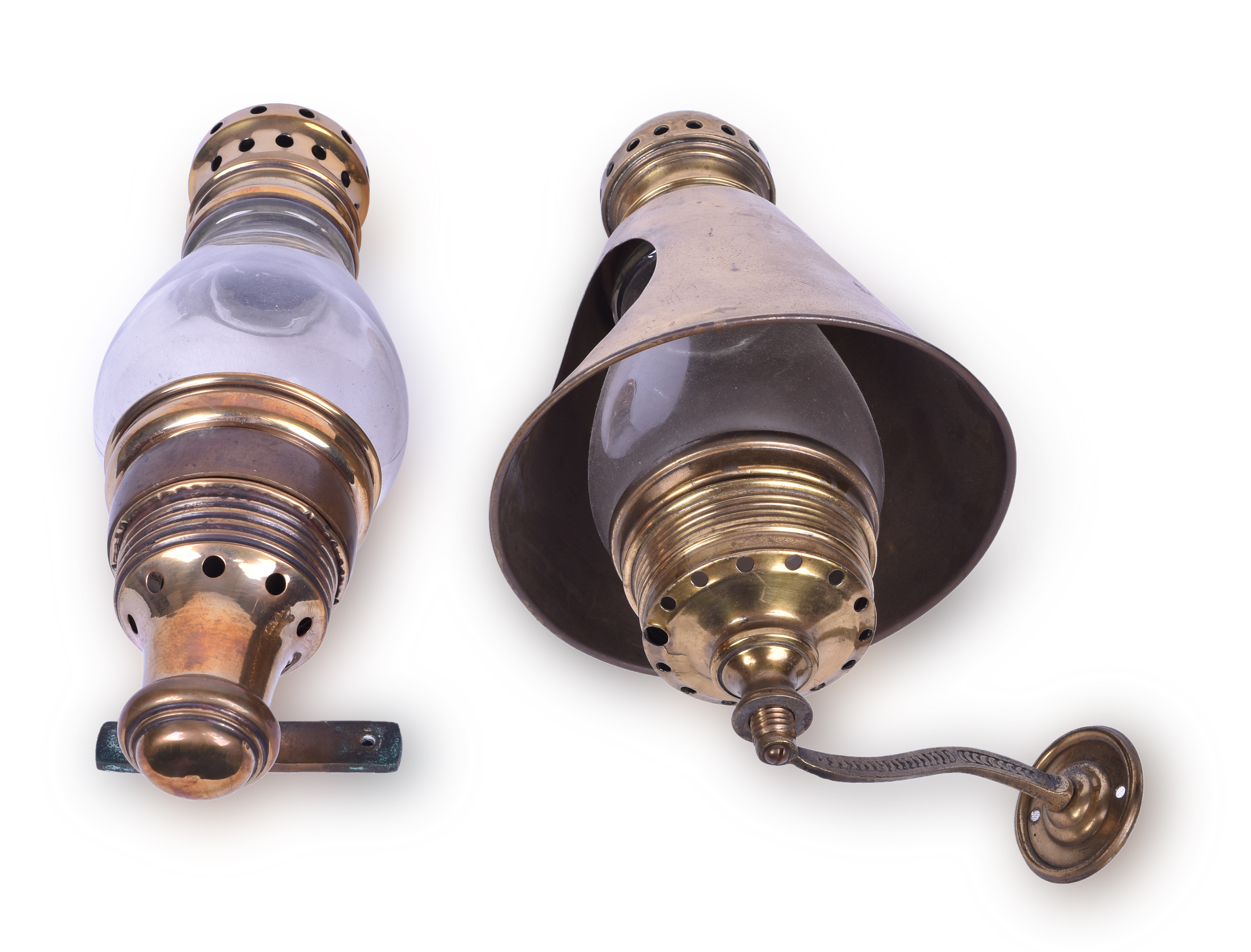 237 - Pair of Brass Candle Lit Railroad Wall Lamps thumbnail