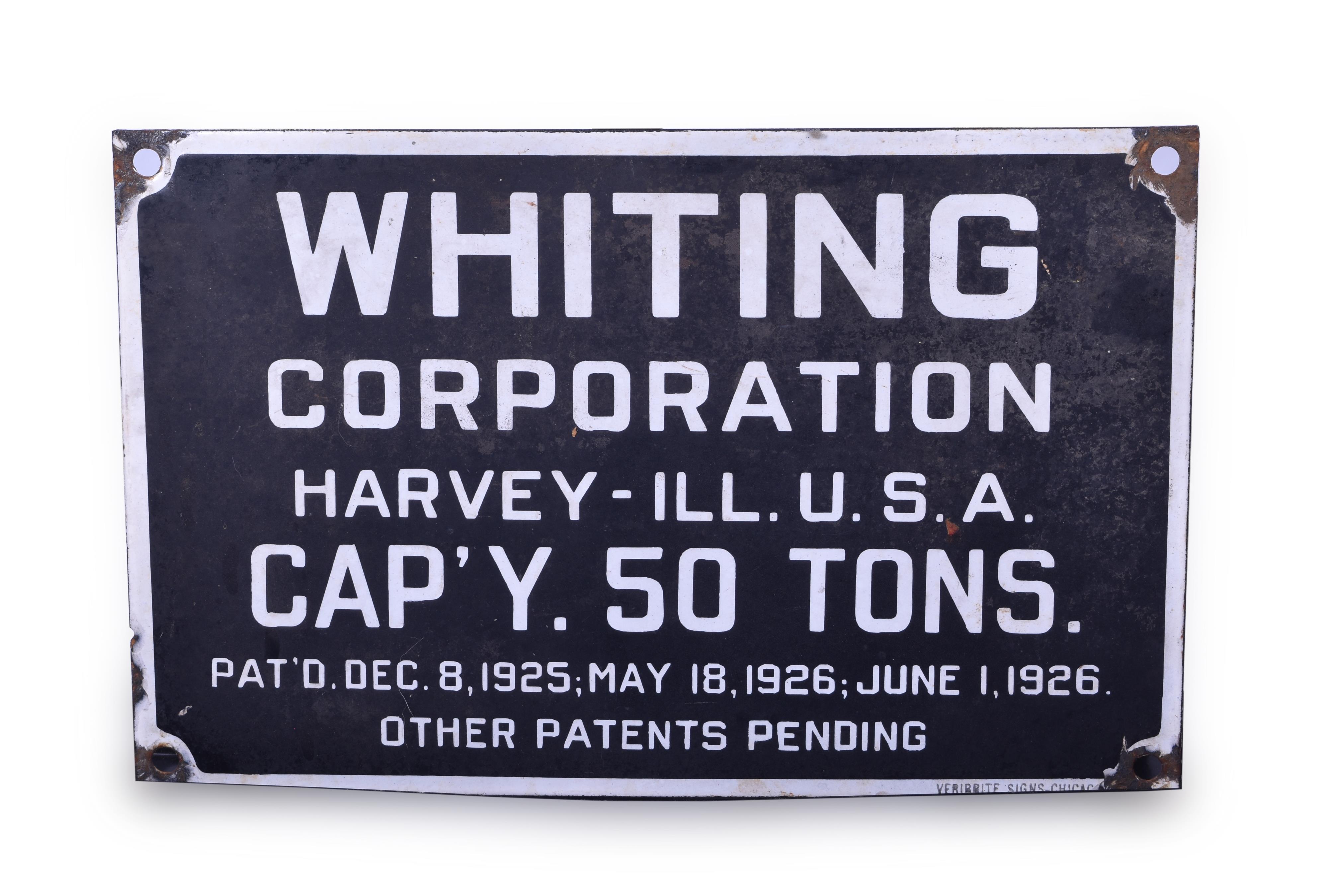 258 - Whiting Corporation 50 Ton Crane Veribrite Porcelain Sign - 1926 Patent Date thumbnail