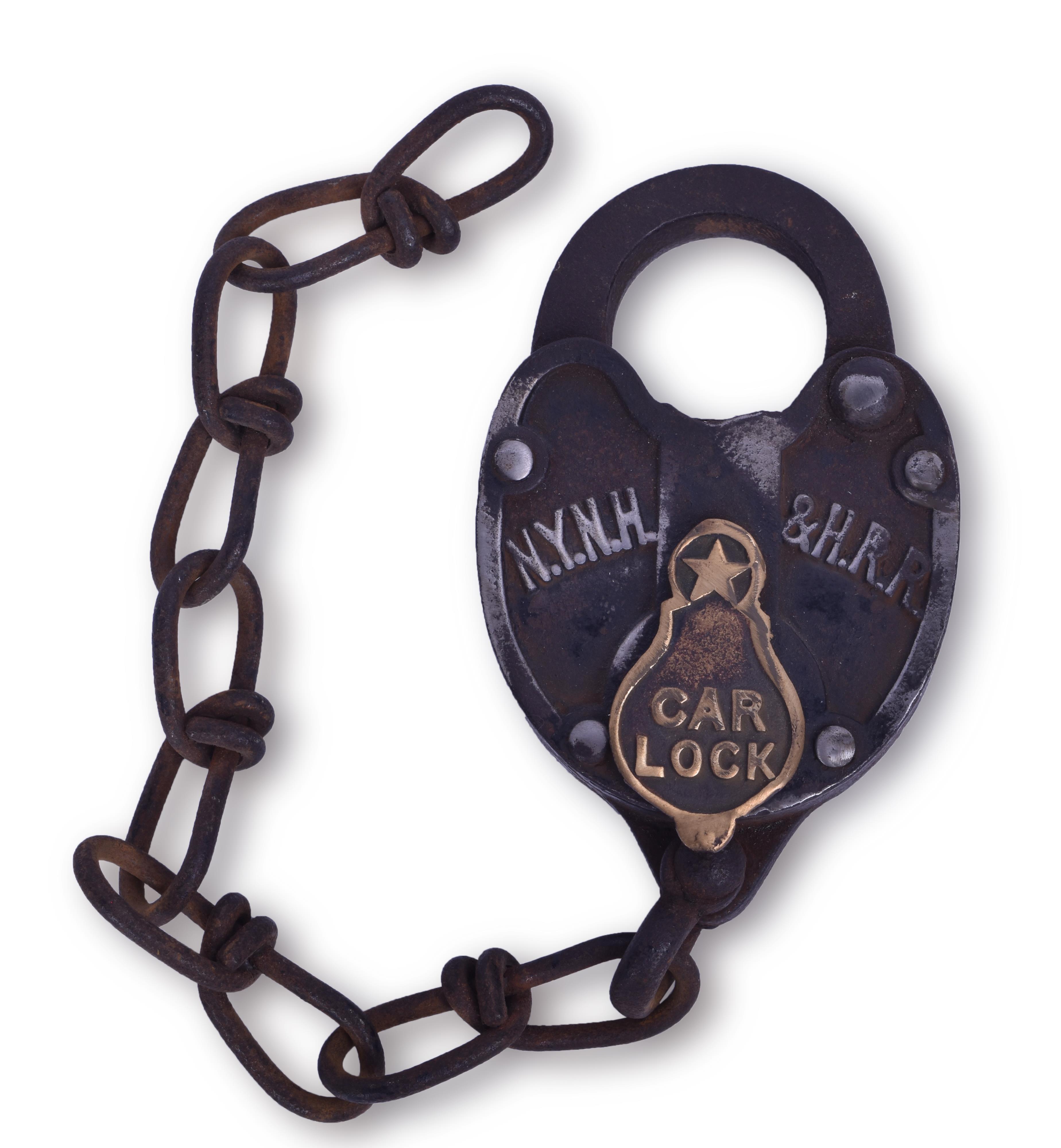 278 - New York, New Haven, & Hartford Railroad Iron Heart Shaped Lock w/ Brass Car Lock Key Cover thumbnail
