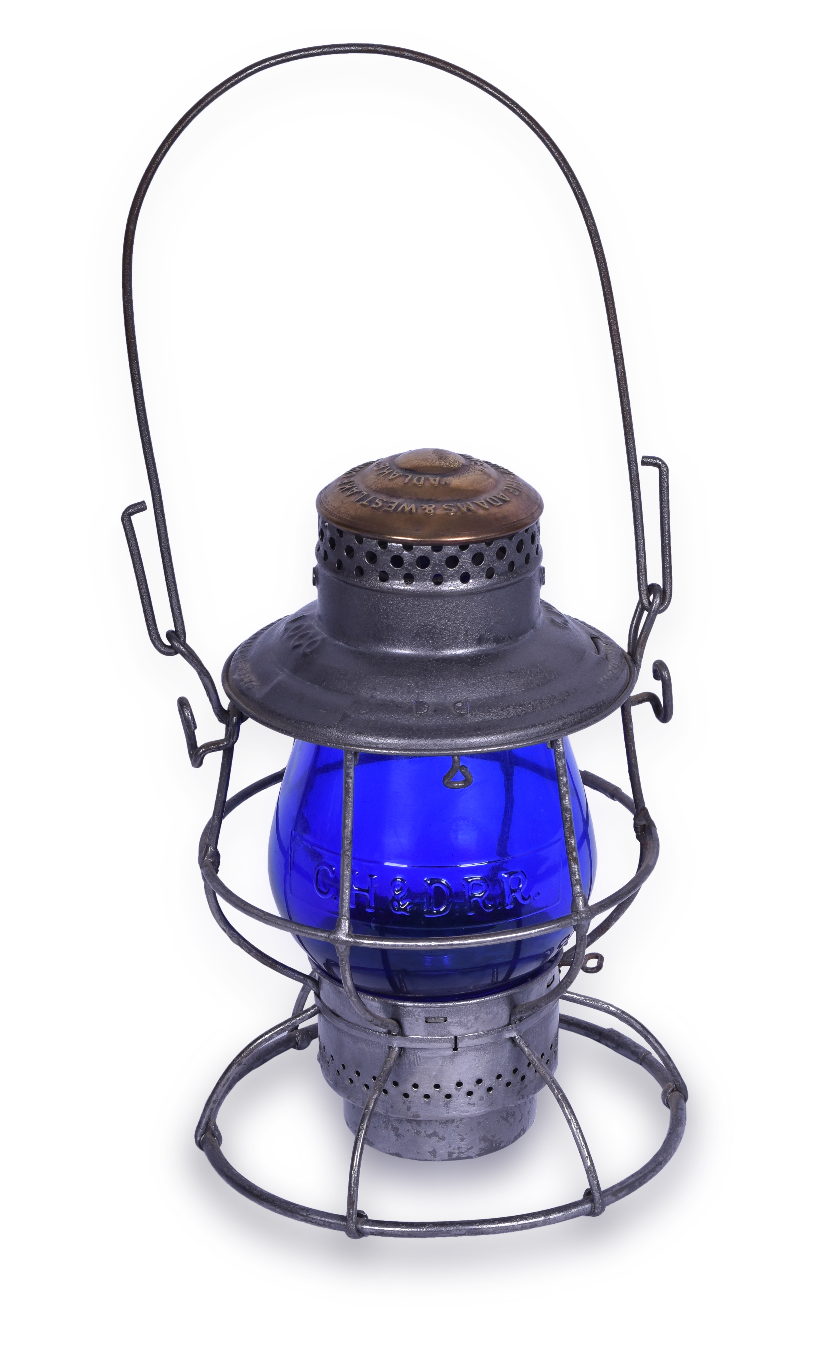 291 - Cincinnati, Hamilton & Dayton Railway Adlake Brass Top Locomotive Lantern w/ Blue Cast Globe thumbnail