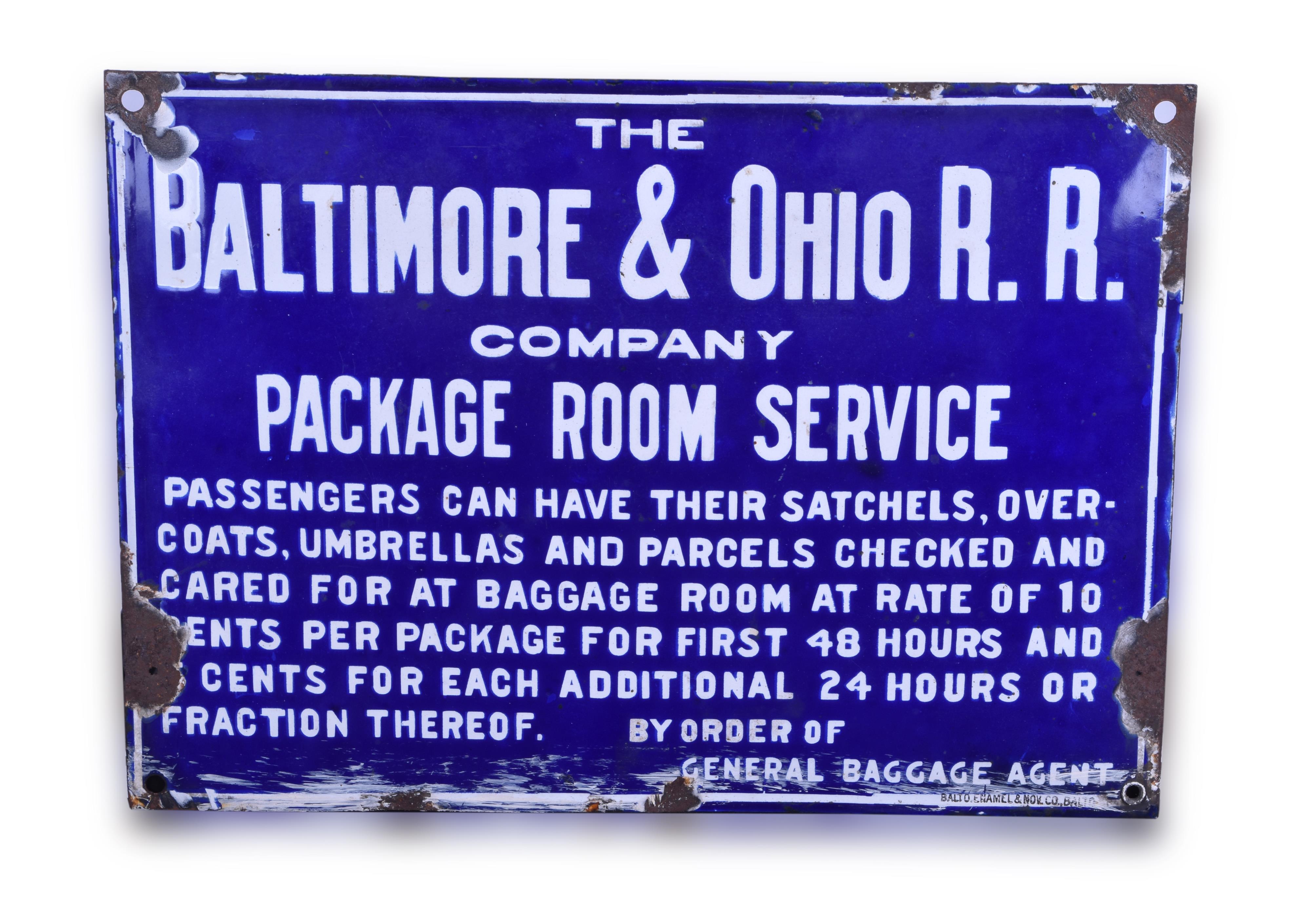 310 - Baltimore and Ohio Railroad Porcelain Package Room Service Sign w/ Letter of Provenance thumbnail