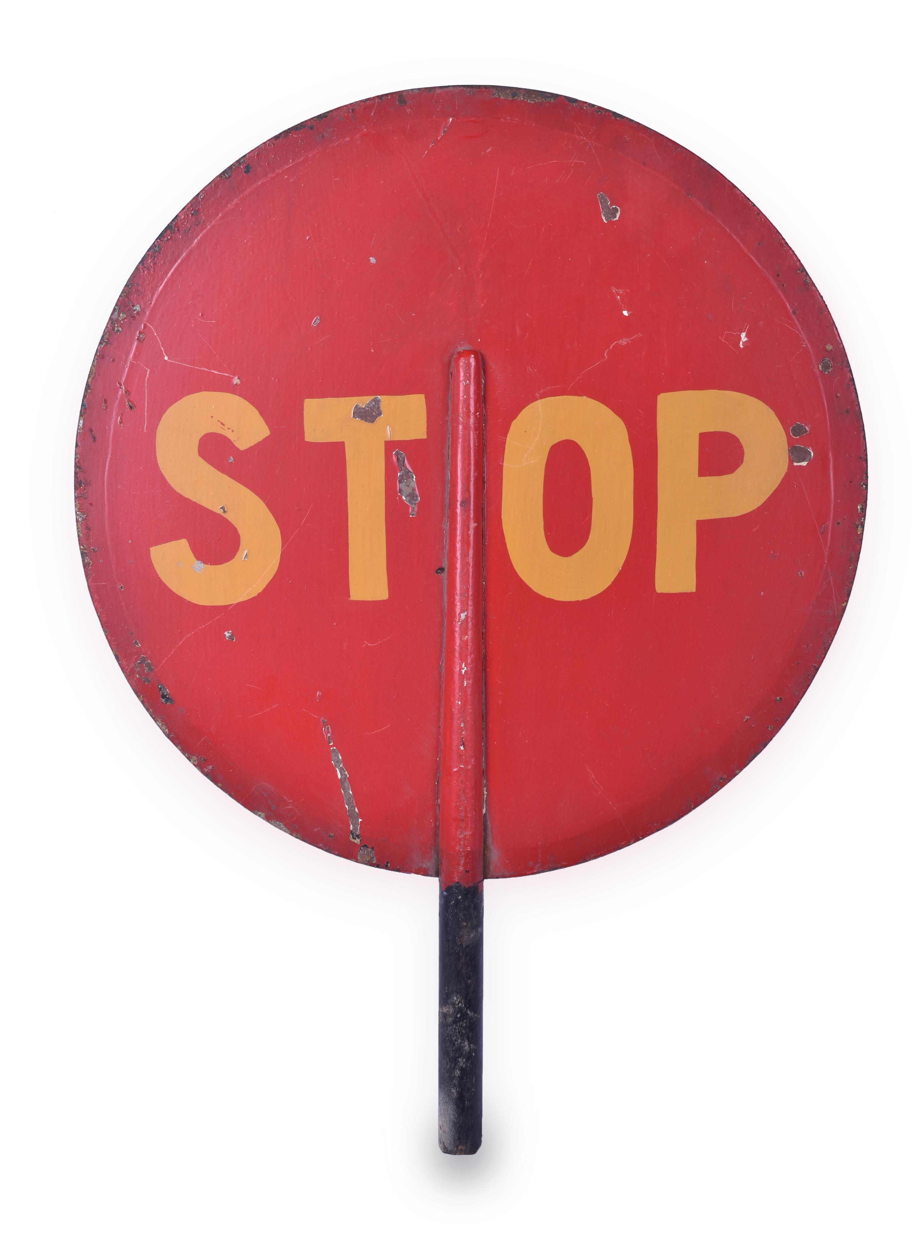319 - Double Sided Wooden Handled Steel Watchman Stop /Go Sign thumbnail