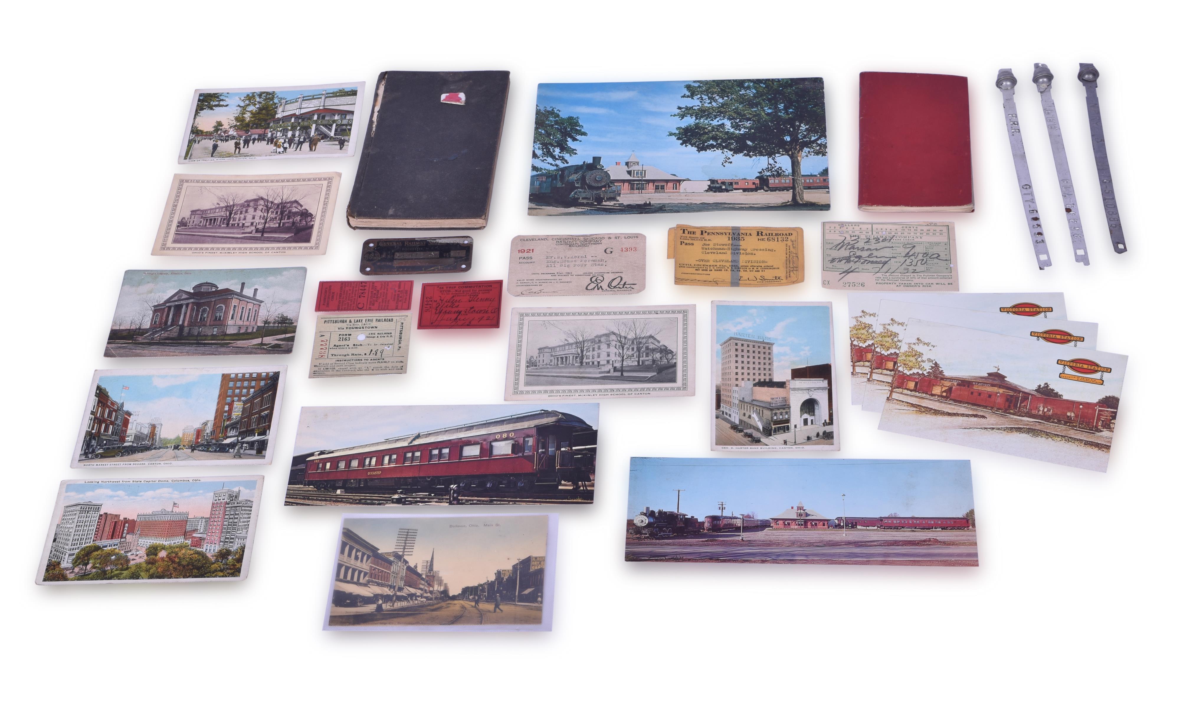 338 - Group of Railroadiana including; 1891 New York, Lake Erie, and Western Railroad rule book, two Pennsylvania and Northern Pacific boxcar door tags, 1910's trip mileage log book, etc. thumbnail