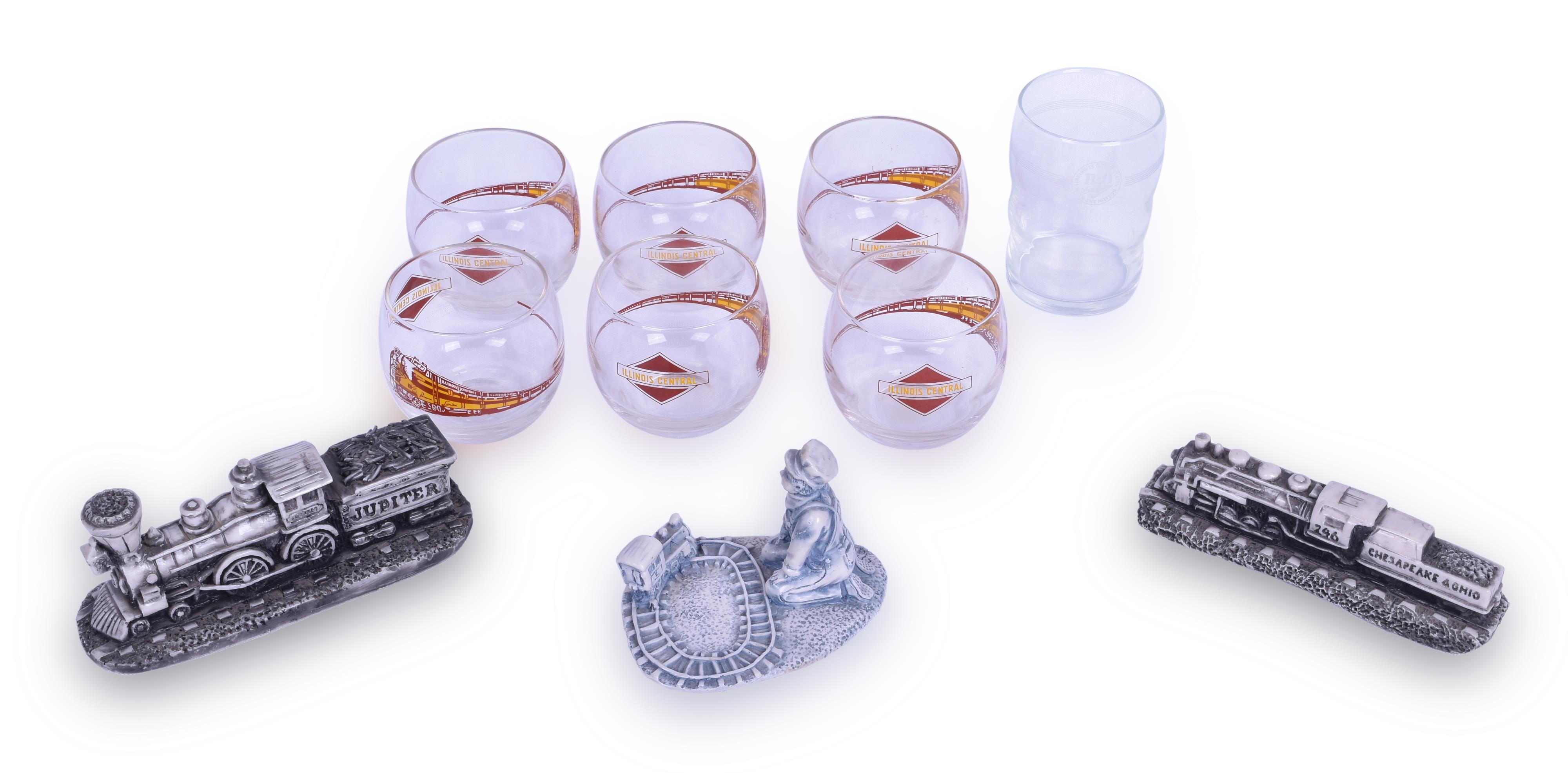 342 - Group of Misc. Railroadiana; Illinois Central cocktail glasses, Georgia Marble Sculptures, B&O Glass thumbnail