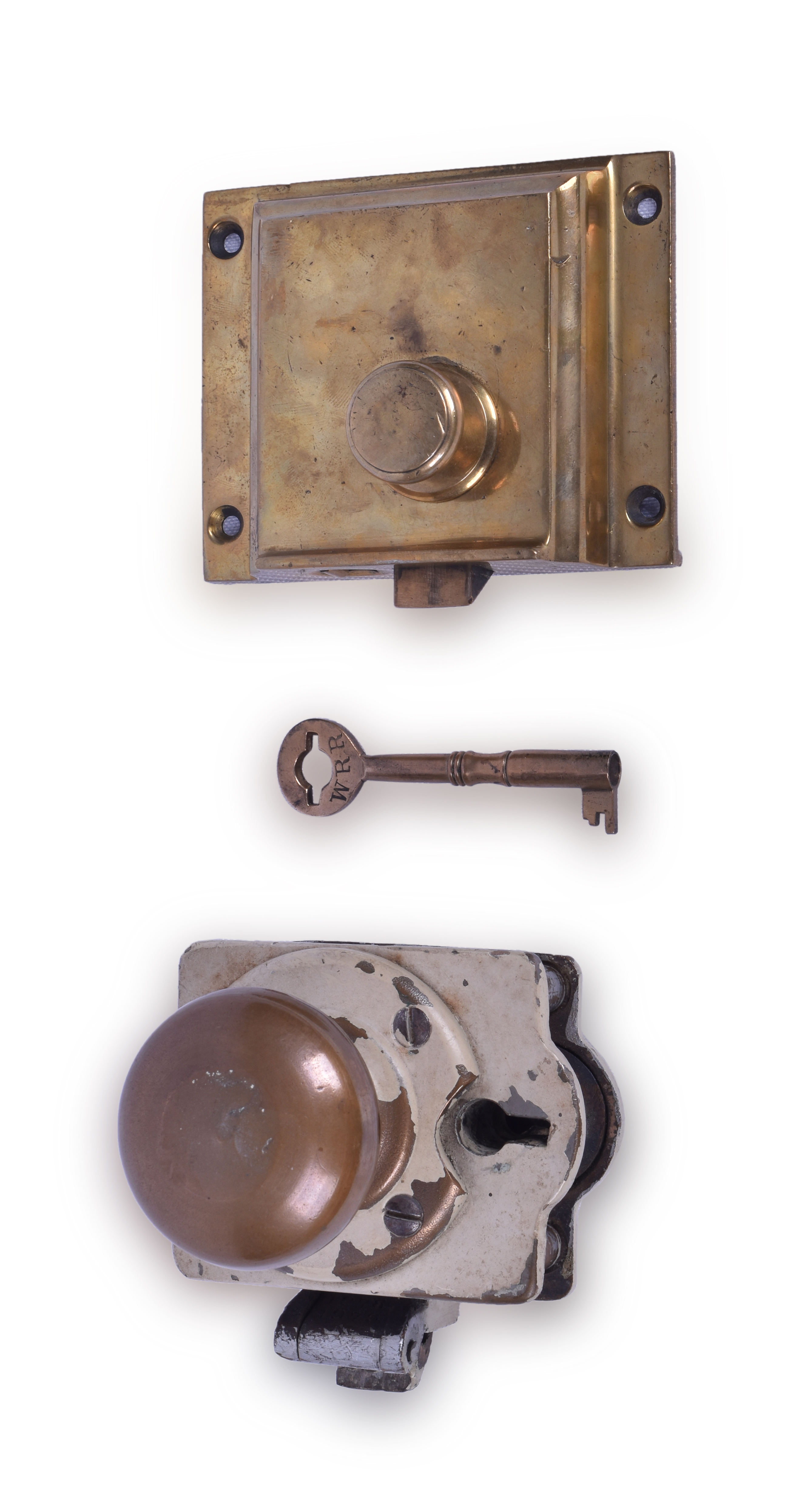 402 - Wabash Railroad Passenger Car Door Lock w/ Car Key and Unknown Door Hardware thumbnail