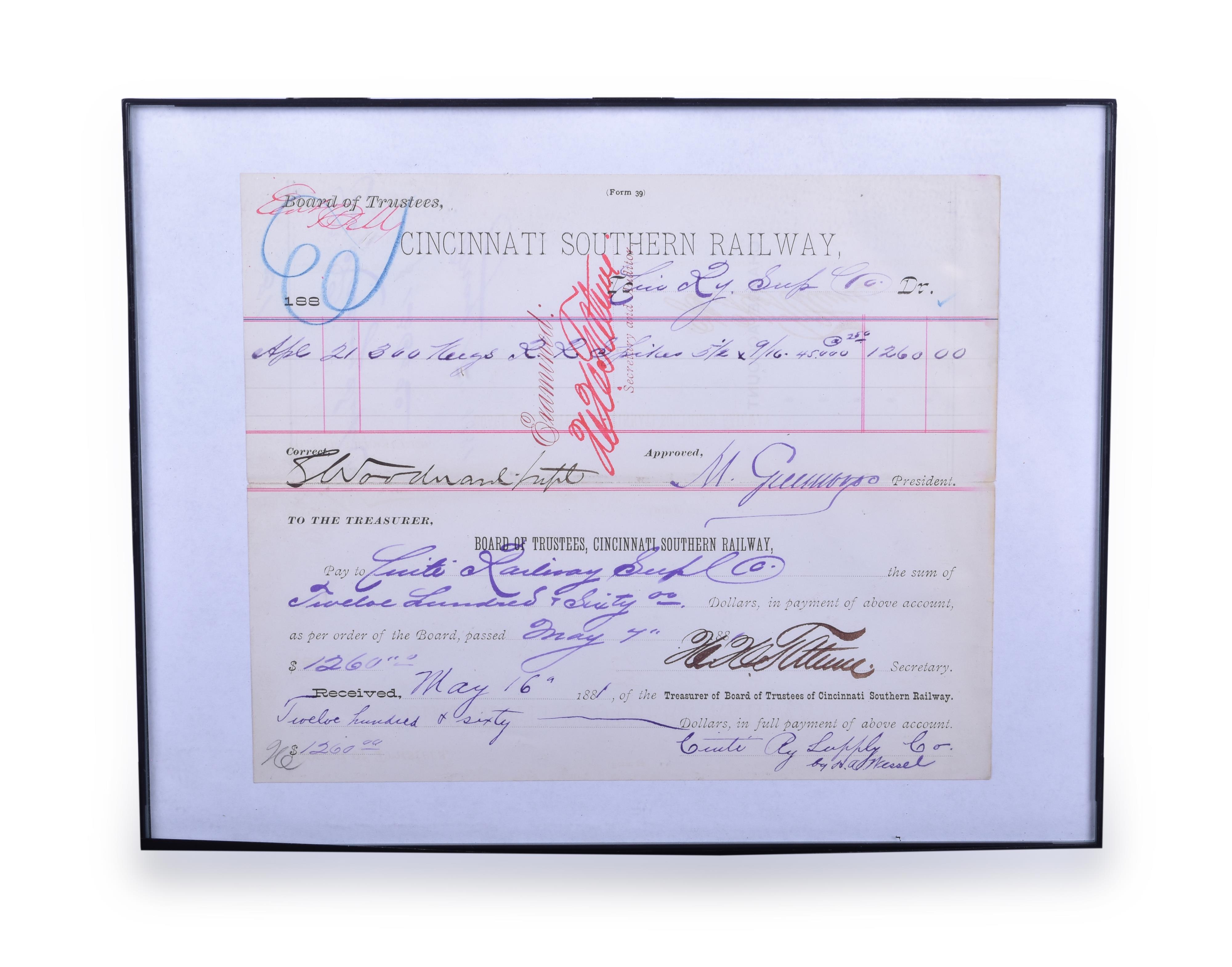 408 - Cincinnati Southern Railway 1881 Railroad Spike Pay To / Purchase Order for Spikes thumbnail