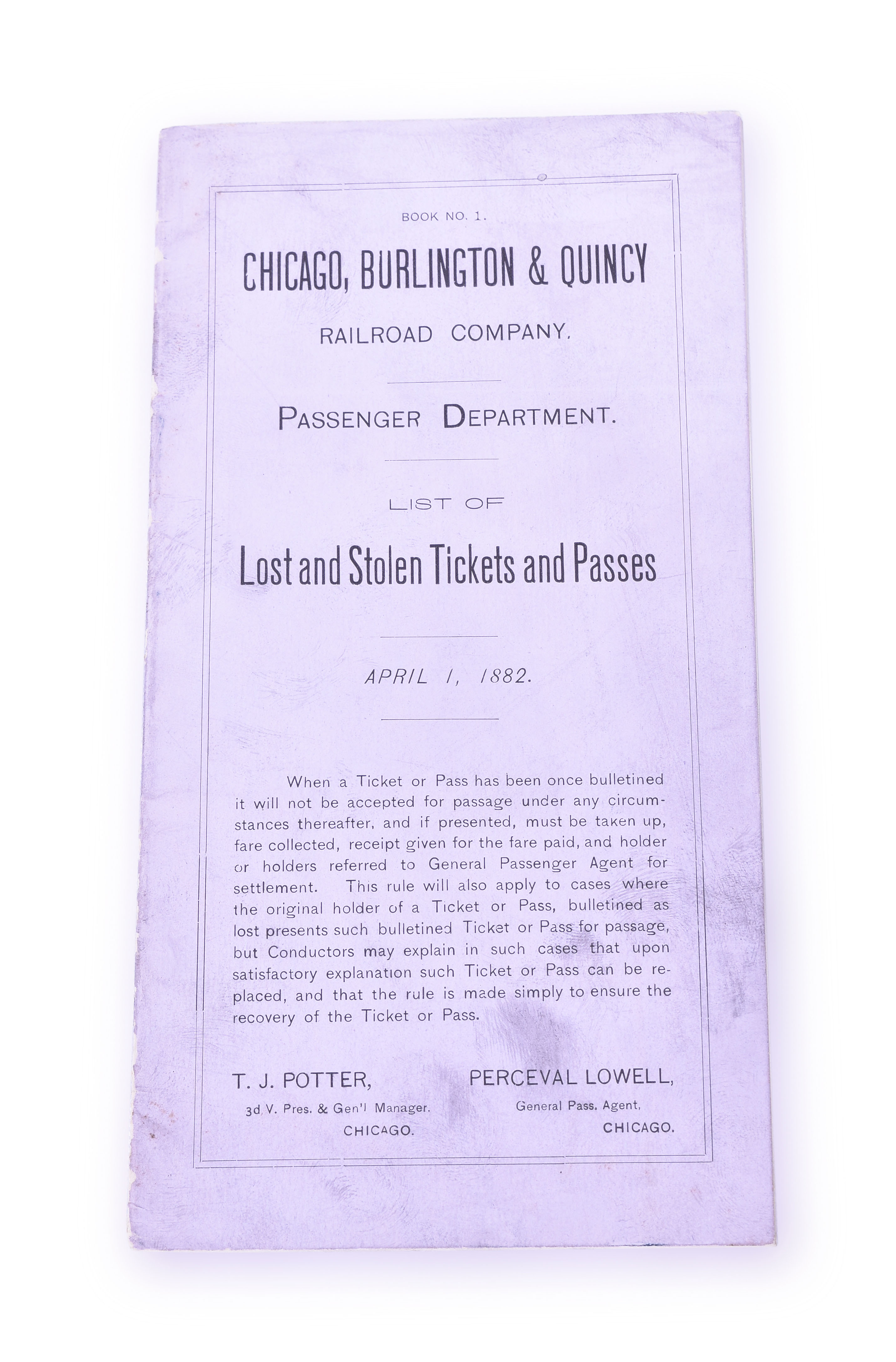 414 - CB&Q / Chicago, Burlington & Quincy Railroad April 1, 1882 List of Lost and Stolen Passes Booklet thumbnail