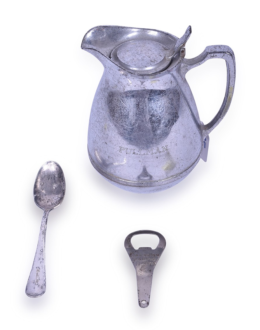 25 - Pullman 3954F Thermos pitcher, Lake I-4 Santa Fe silver spoon, and Canadian Pacific Hotels bottle opener thumbnail