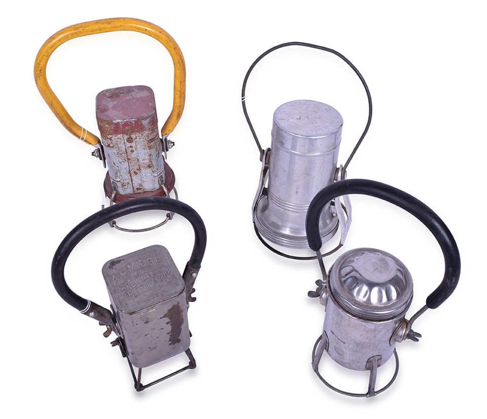 91 - Four Battery Powered Railroad Lanterns - AC Midget by Honeycutt, Conger Lantern Co, Justrite, and ORCO thumbnail