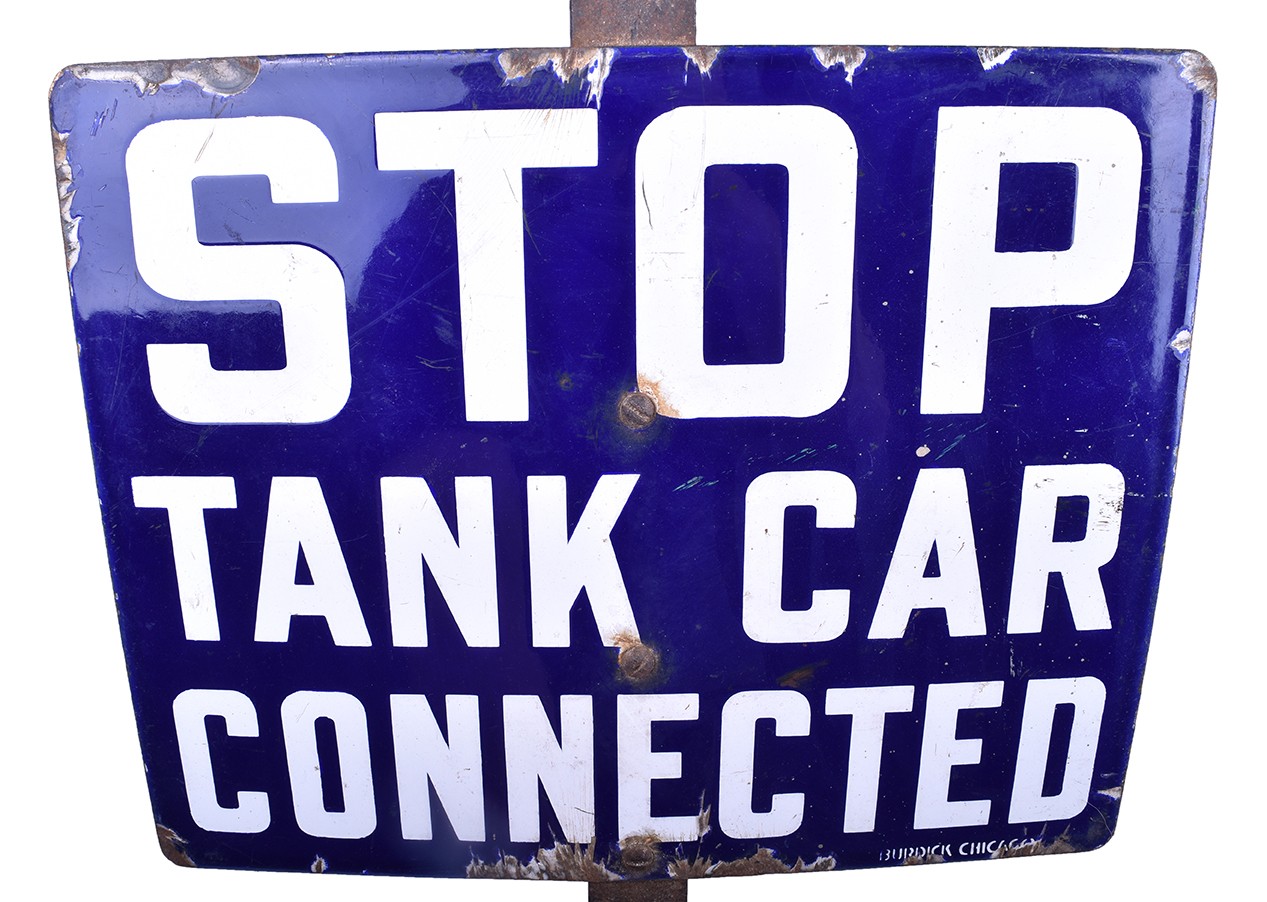 110 - Porcelain Railroad Tank Car Connected Sign w/ Rail Connection thumbnail