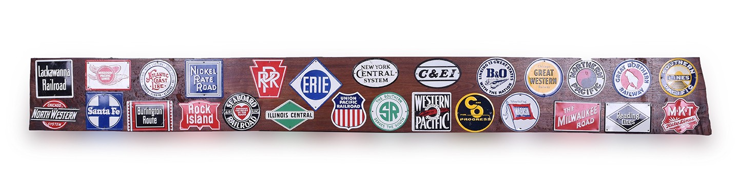 121 - Post Cereal Railroad Logo Tins Circa 1952-1955 - 27 Piece Set Mounted On a Wooden Board thumbnail