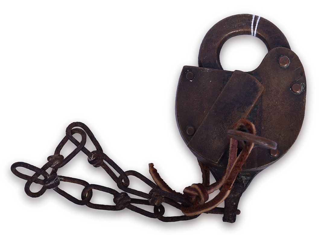 135 - Milwaukee Road Railroad brass heart shaped switch lock with key. thumbnail