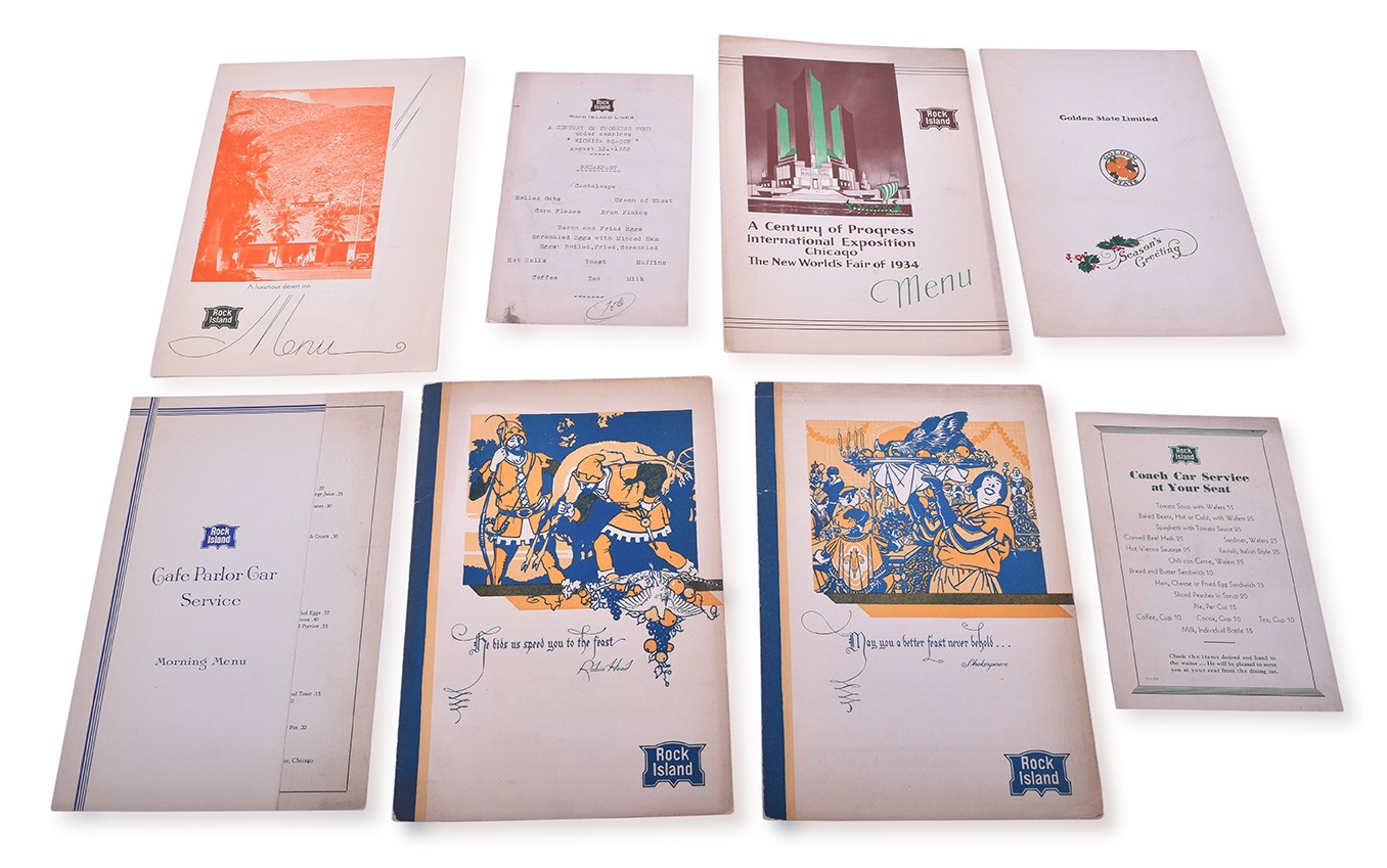 139 - Eight Rock Island Railroad Dated Menus - 1934 New World's Fair, 1933 Holiday Golden State Limited, 1930 Shakespeare and Robin Hood, etc. thumbnail