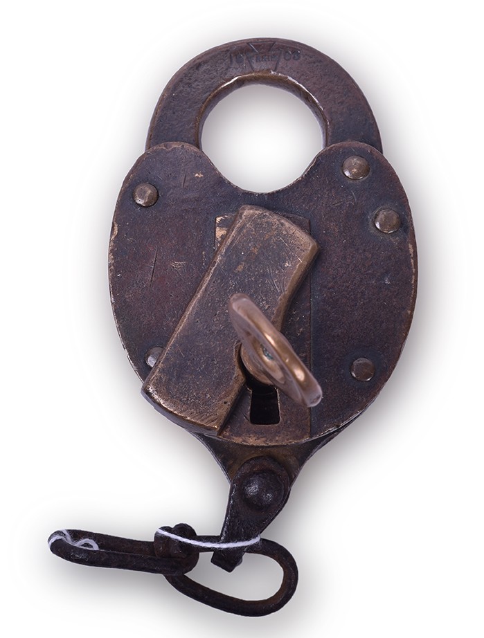 151 - Fraim Pennsylvania Railroad Fancy Cast Heart Shaped Brass Lock w/ Knobby Hilt Key thumbnail