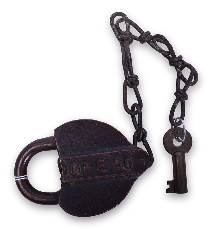 167 - Heart Shaped Brass Ohio Public Service Co. Railroad Lock w/ Illinois Central Key thumbnail