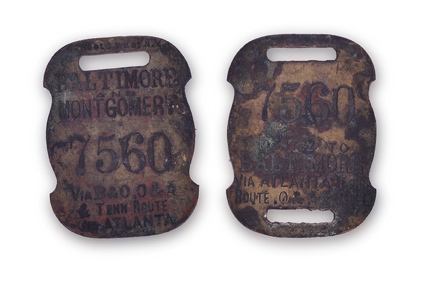 176 - Pair of Matched Baltimore and Montgomery Railroad Baggage Check Tags thumbnail