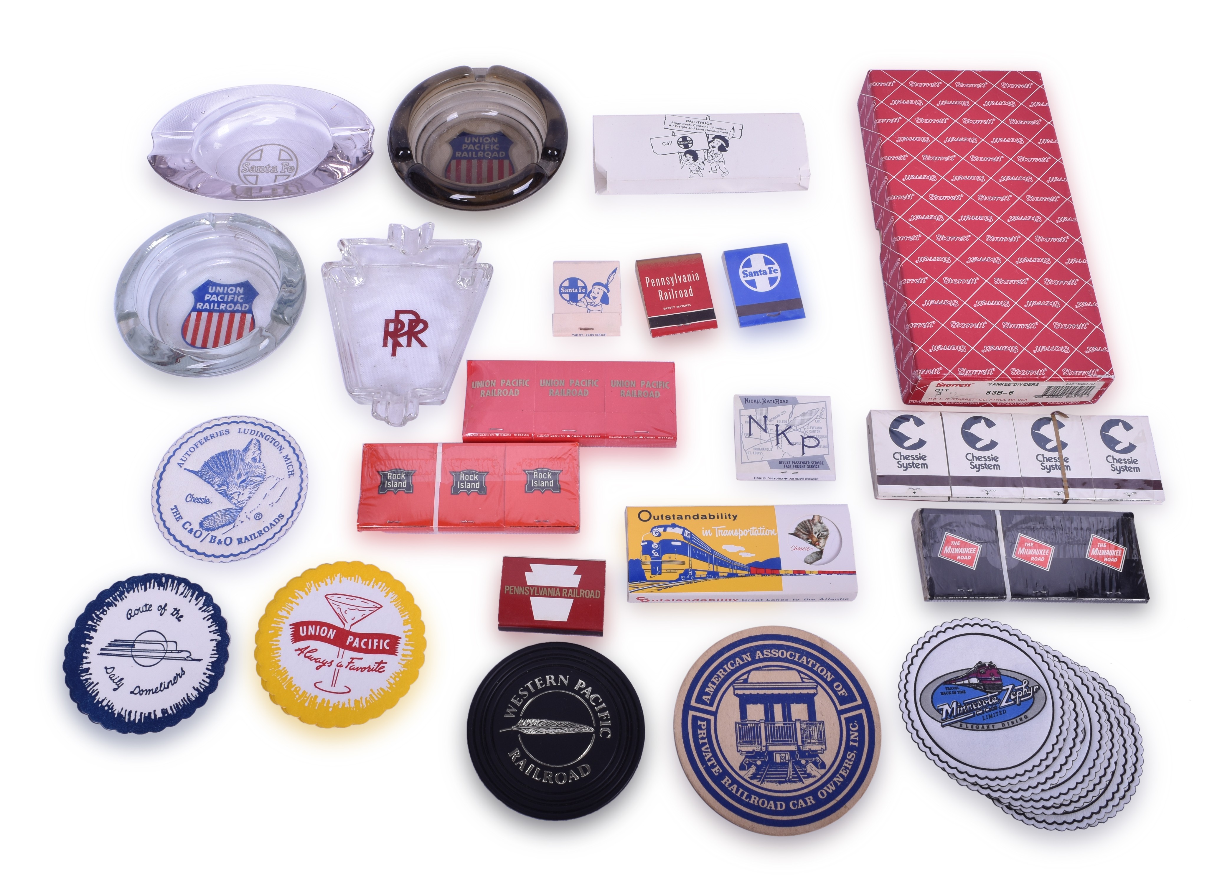 187 - Group of Railroad Glass Ash Trays, Matches, and Drink Coasters thumbnail