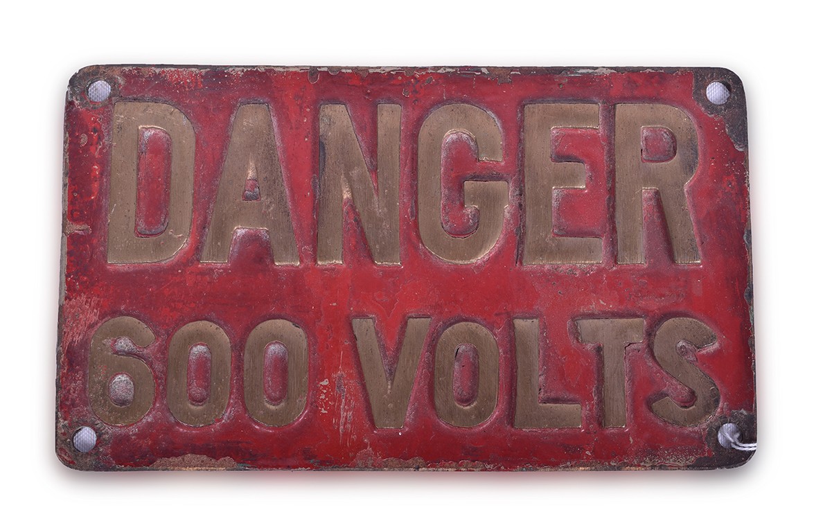 190 - Cast Brass Danger 600 Volts Sign thumbnail
