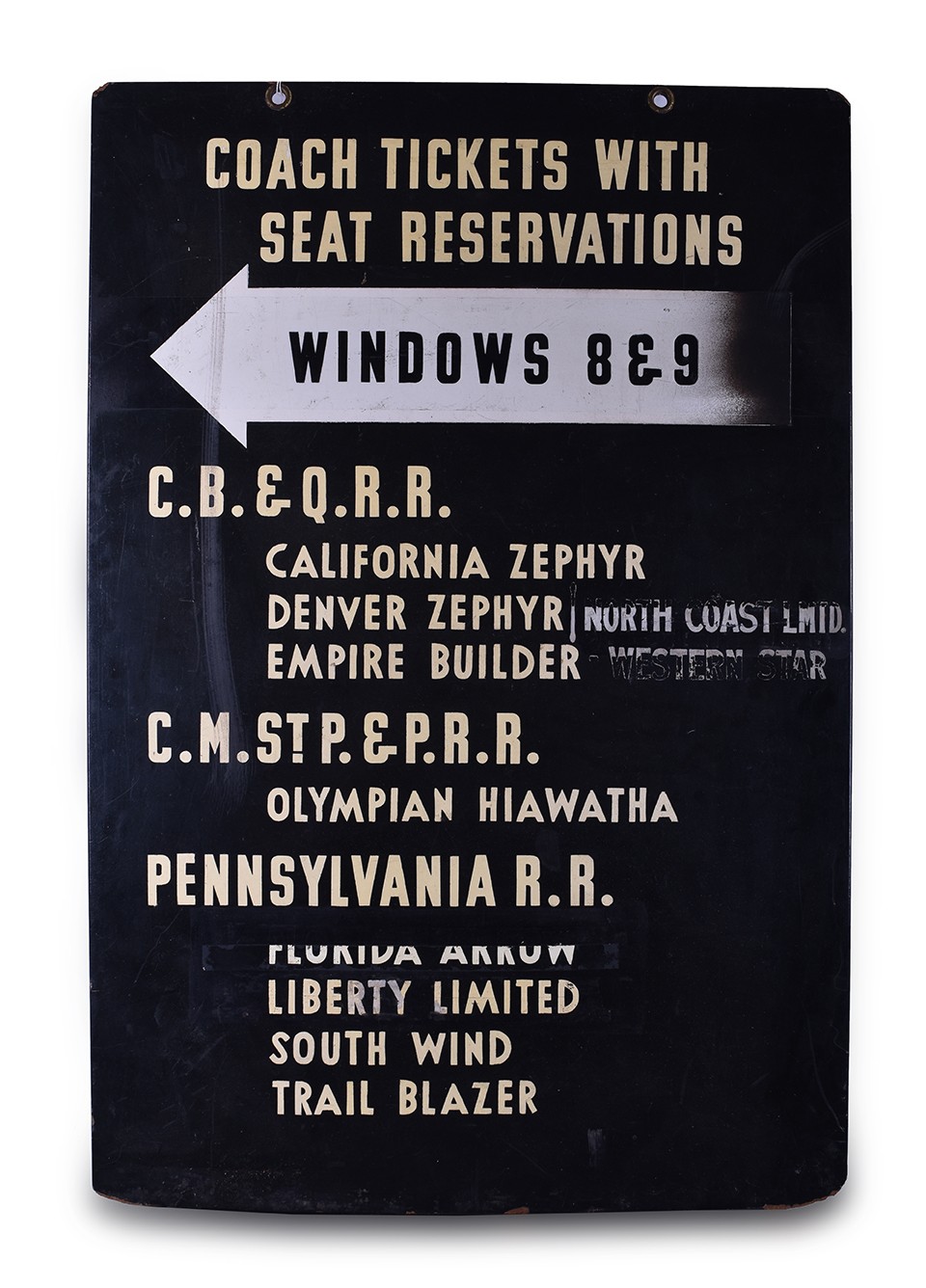 194 - Chicago Union Station Ticket Sign - CB&Q California Zephyr, Milwaukee Road Olympian Hiawatha, Pennsylvania Trail Blazer, and More thumbnail
