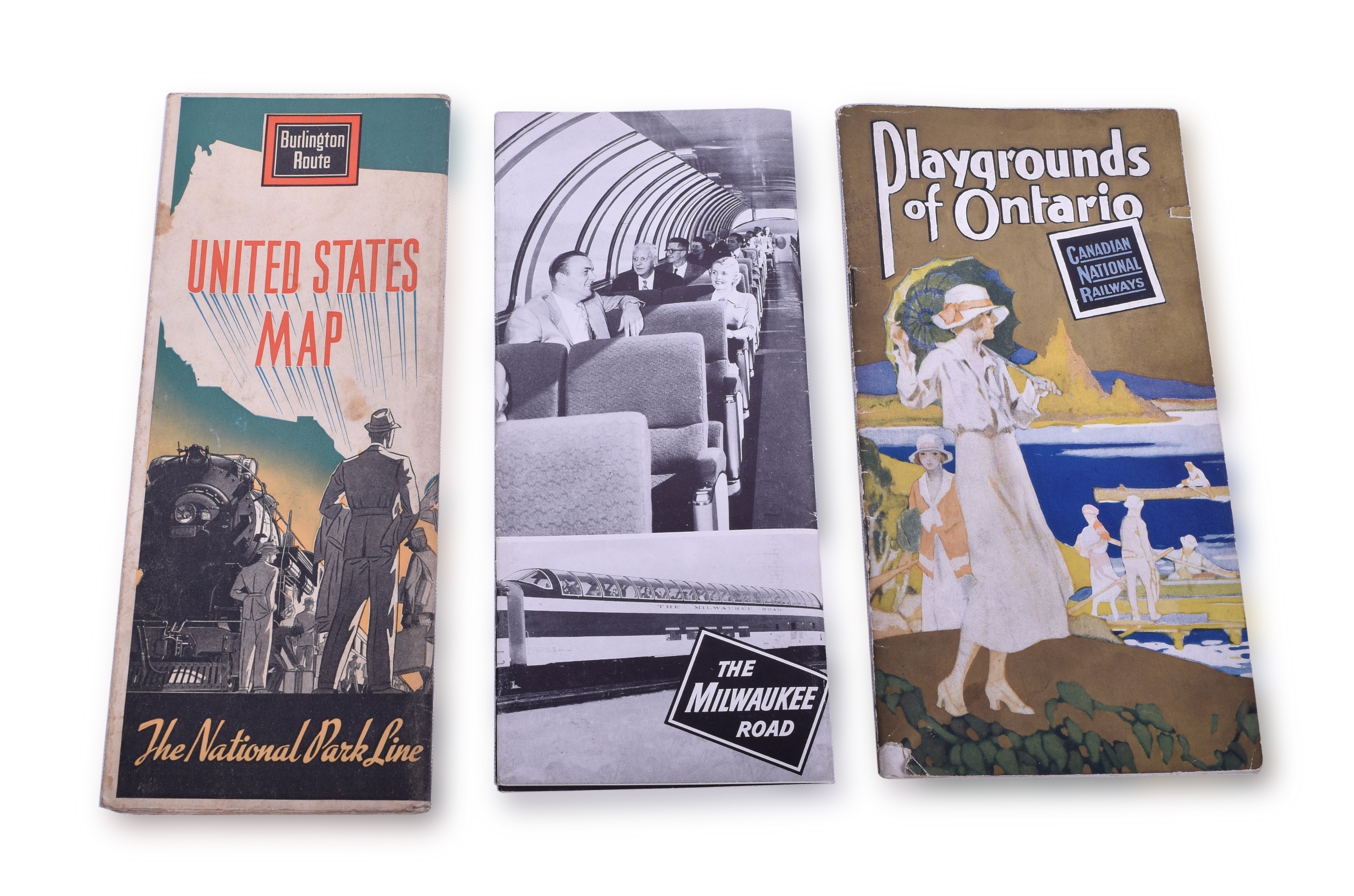 203 - Three Railroad Vacation Guides - Canadian National 1923 Playgrounds of Ontario, CB&Q 1938 Vacation Guide, and Milwaukee Road Notes Along the Trail of the Olympian Hiawatha thumbnail
